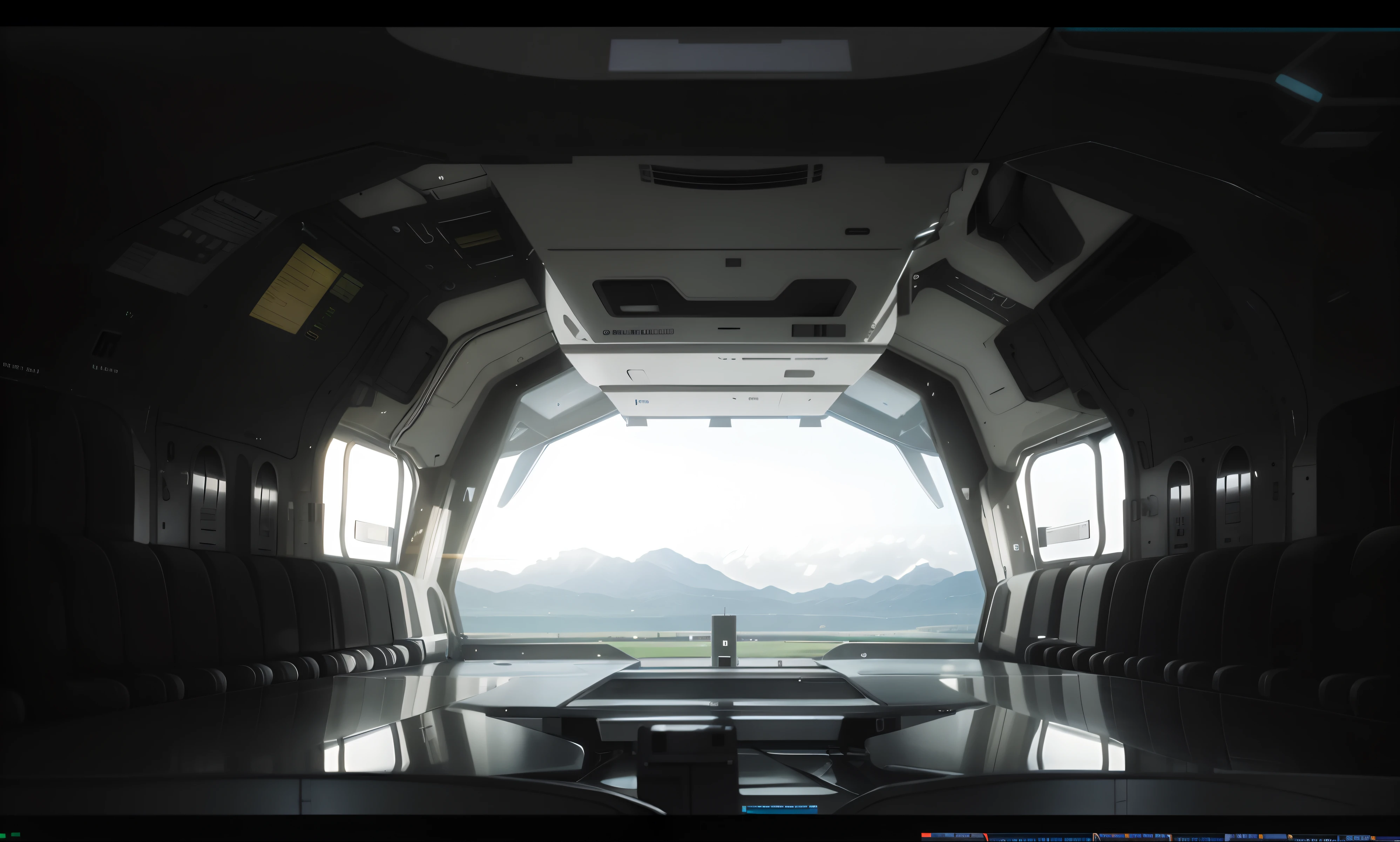 （2000m altitude 1.3）， Makoto Shinkai. rendering by octane, Spaceship window, cinematic shot ar 9:16 -n 6 -g Detailed film shooting, cinema shot!, rendering by octane. By Makoto Shinkai, the inside of a ufo, 4 k hd wallpaper c 1 7, fps view,（Realistic silo structure1.4），Symmetrical design，（There is no clutter on the aircraft floor 1.1）