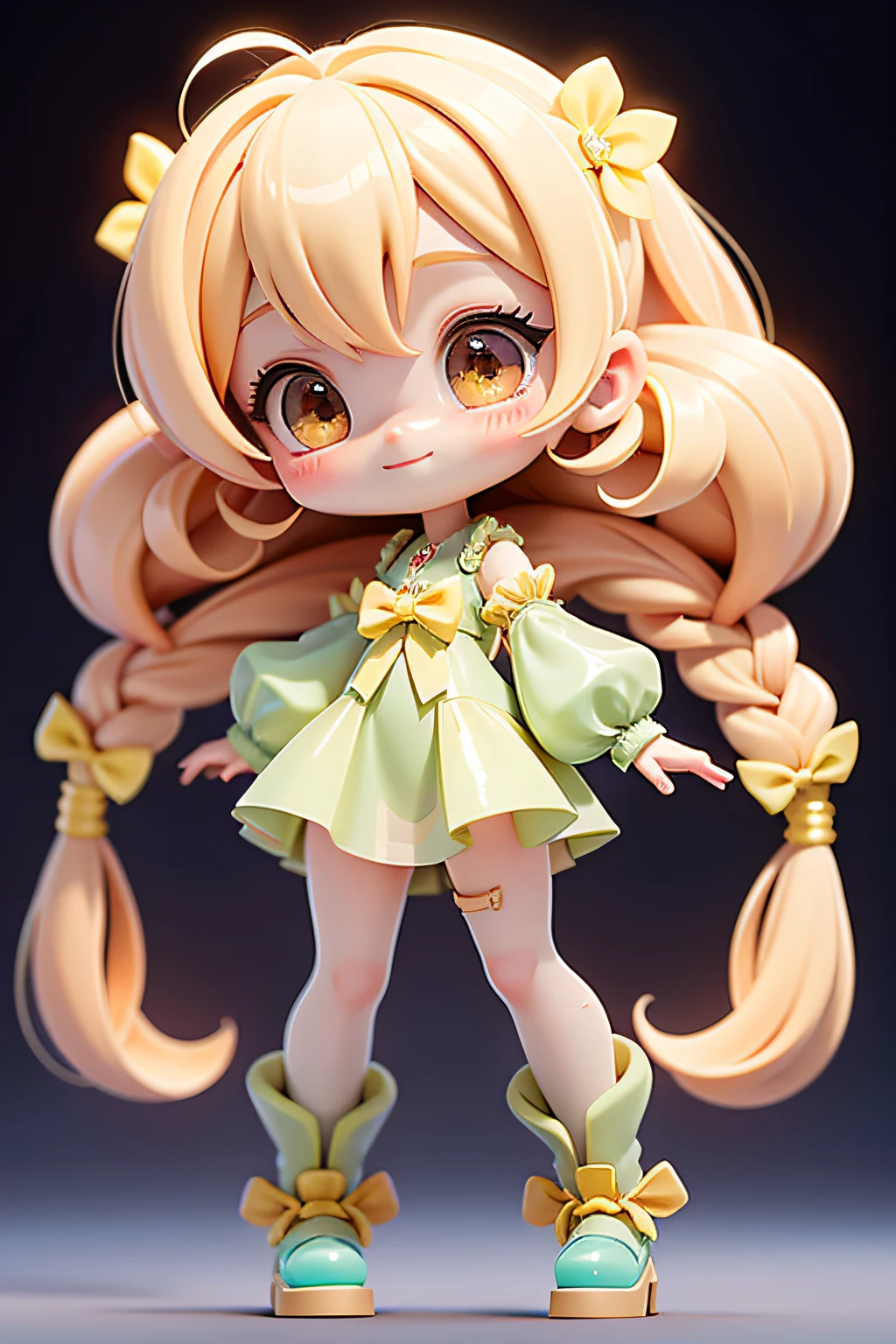 Loli Girl,dual horsetail，Delicate and clear eyes, Delicate and clear smile, Mango yellow, Perosante, holograph, Full body like，deep dark background