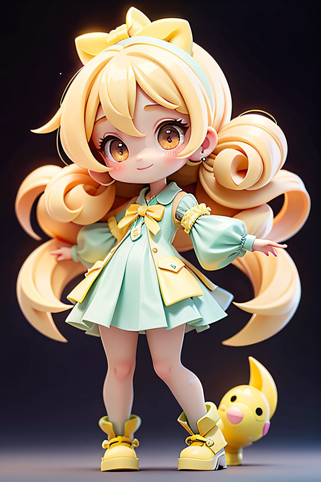 Loli Girl,dual horsetail,Delicate and clear eyes, Delicate and clear smile, Mango yellow, Perosante, holograph, Full body like,deep dark background