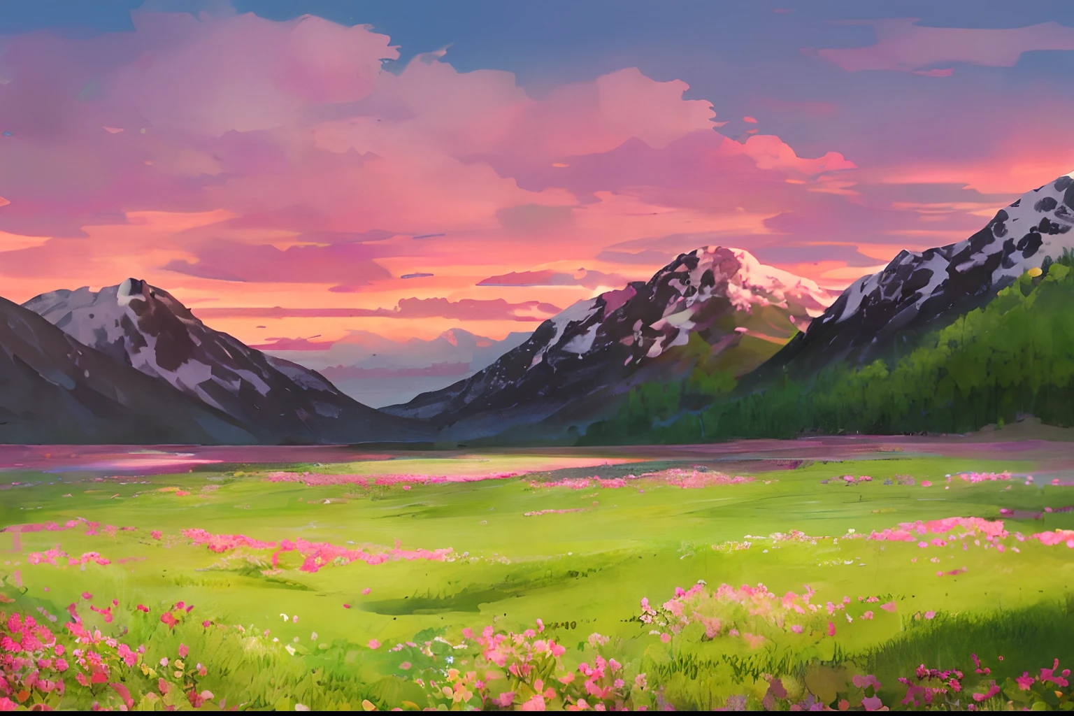 In the style of landscapes wooden houses, pink sky, panda meadows