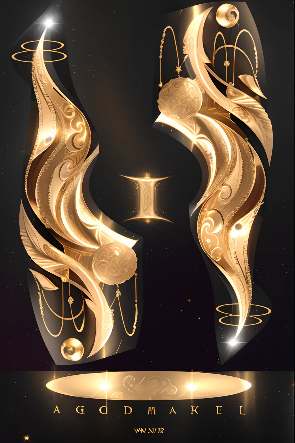 Gold and black design with gold and black background, luxurious ornate golden jewelry, intricate gold elements, ornate galactic gold, Decorative gold elements, Art Nouveau 3D curves and swirls, gold ornate jewely, golden silver elements, baroque marble and gold in space, Gold elements, golden curve composition, Gold magic shoulder pads, gold fractal details