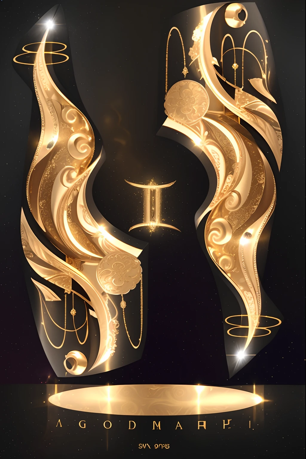 Gold and black design with gold and black background, luxurious ornate golden jewelry, intricate gold elements, ornate galactic gold, Decorative gold elements, Art Nouveau 3D curves and swirls, gold ornate jewely, golden silver elements, baroque marble and gold in space, Gold elements, golden curve composition, Gold magic shoulder pads, gold fractal details