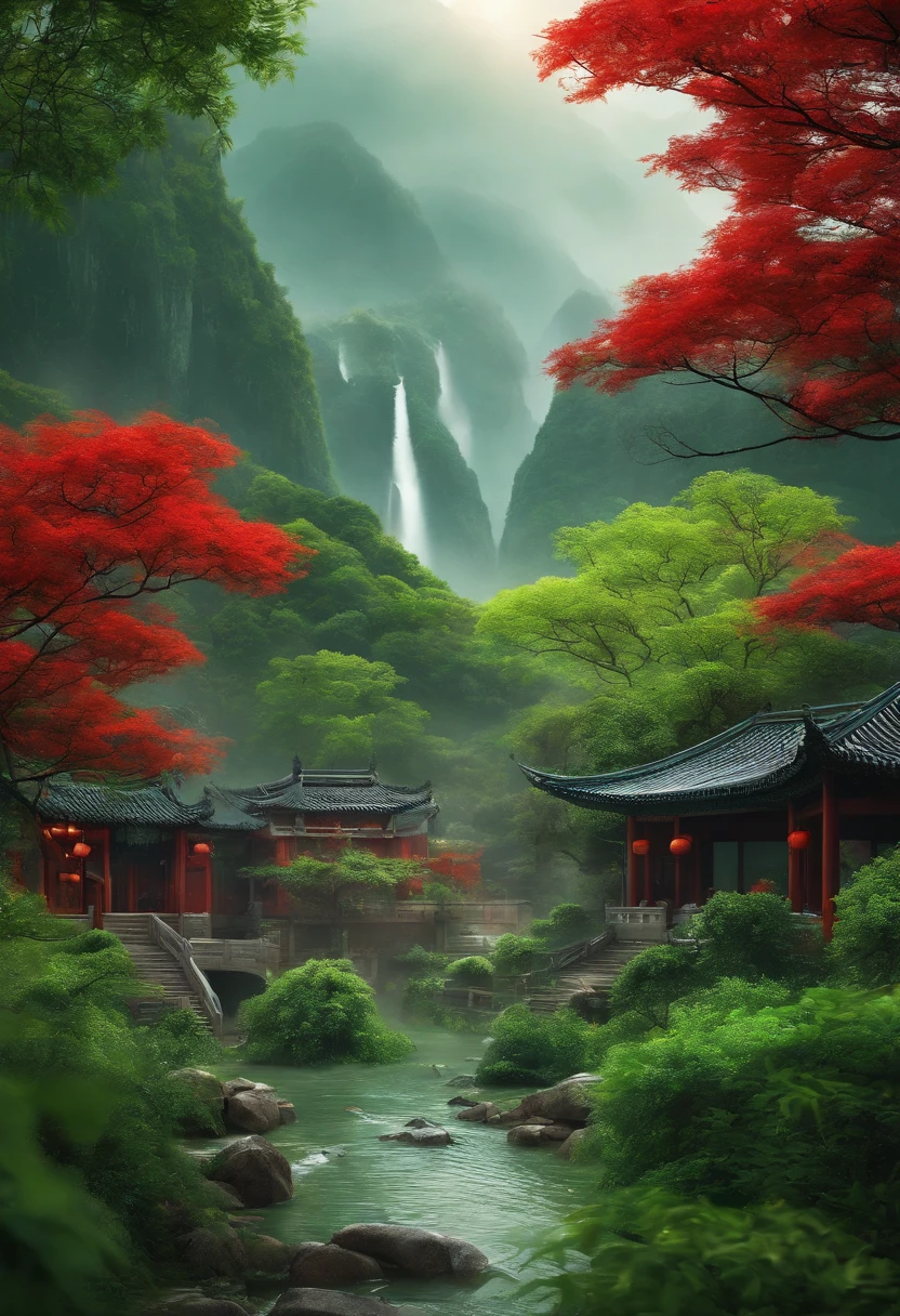 Chinese tradition,Solar term valley rain,Green little fresh,There is dew on the leaves,Illustration style,Do not appear red,Don't show people,Business posters