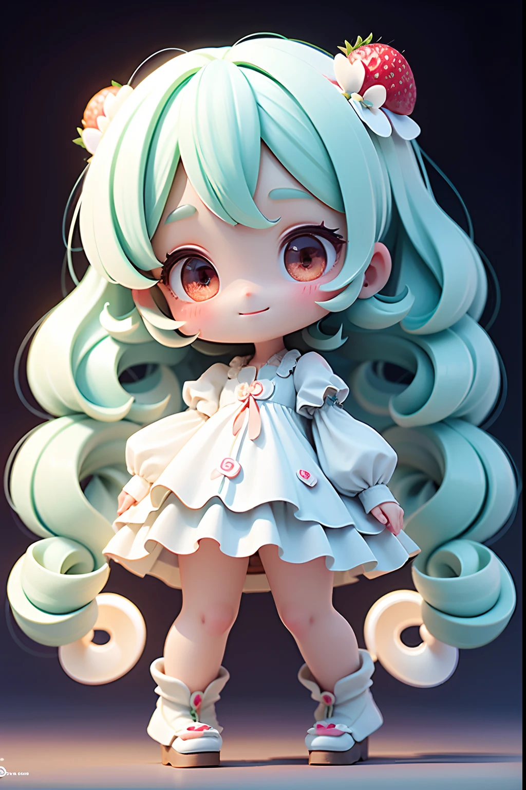 Loli Girl,dual horsetail，Delicate and clear eyes, Delicate and clear smile, Strawberry powder, Perosante, holograph, Full body like，deep dark background
