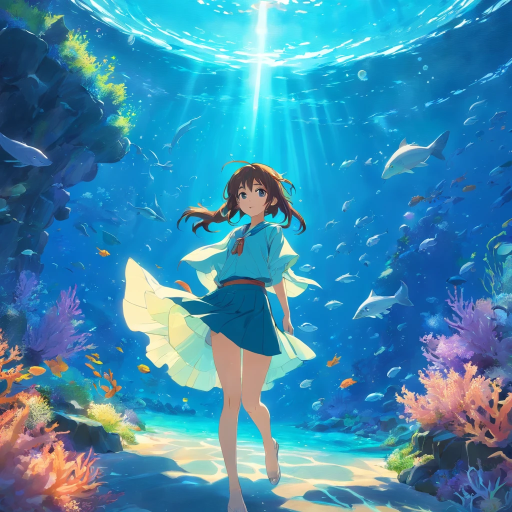 Open world,Akalandis under the sea,Fantastical colors,Depicting the underwater world,Clear water fluctuations,Bubbles in the water fluctuate,very wide angle shot,Fantastic artistic expression,