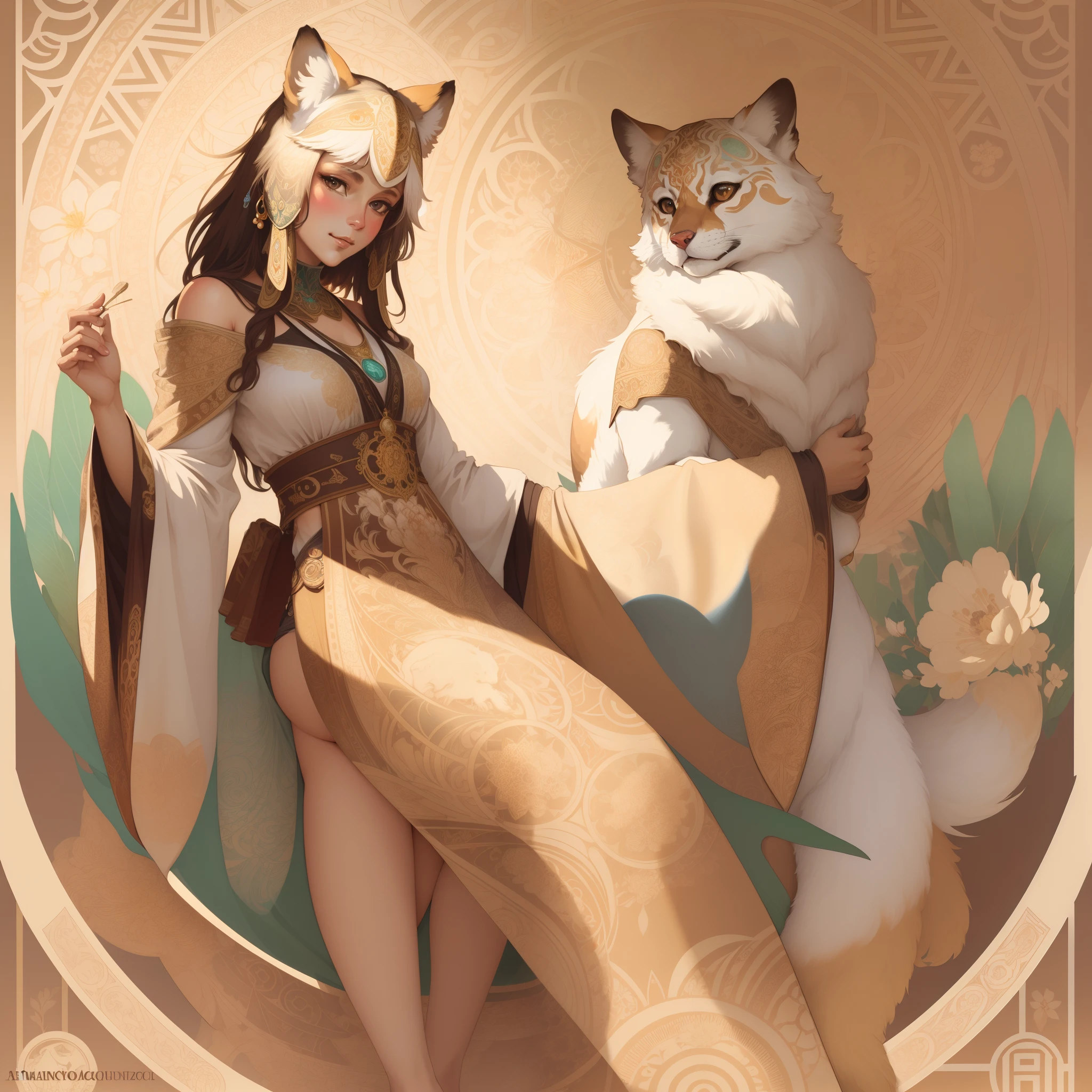 highres, top quality, best quality, paid reward available, High-quality illustrations by Alfons Mucha, unparalleled masterpiece, perfect artwork, absurdres, logo mark, stamp, Geometric pattern, vector-art, masterpiece(kemono, furry anthro)flower,