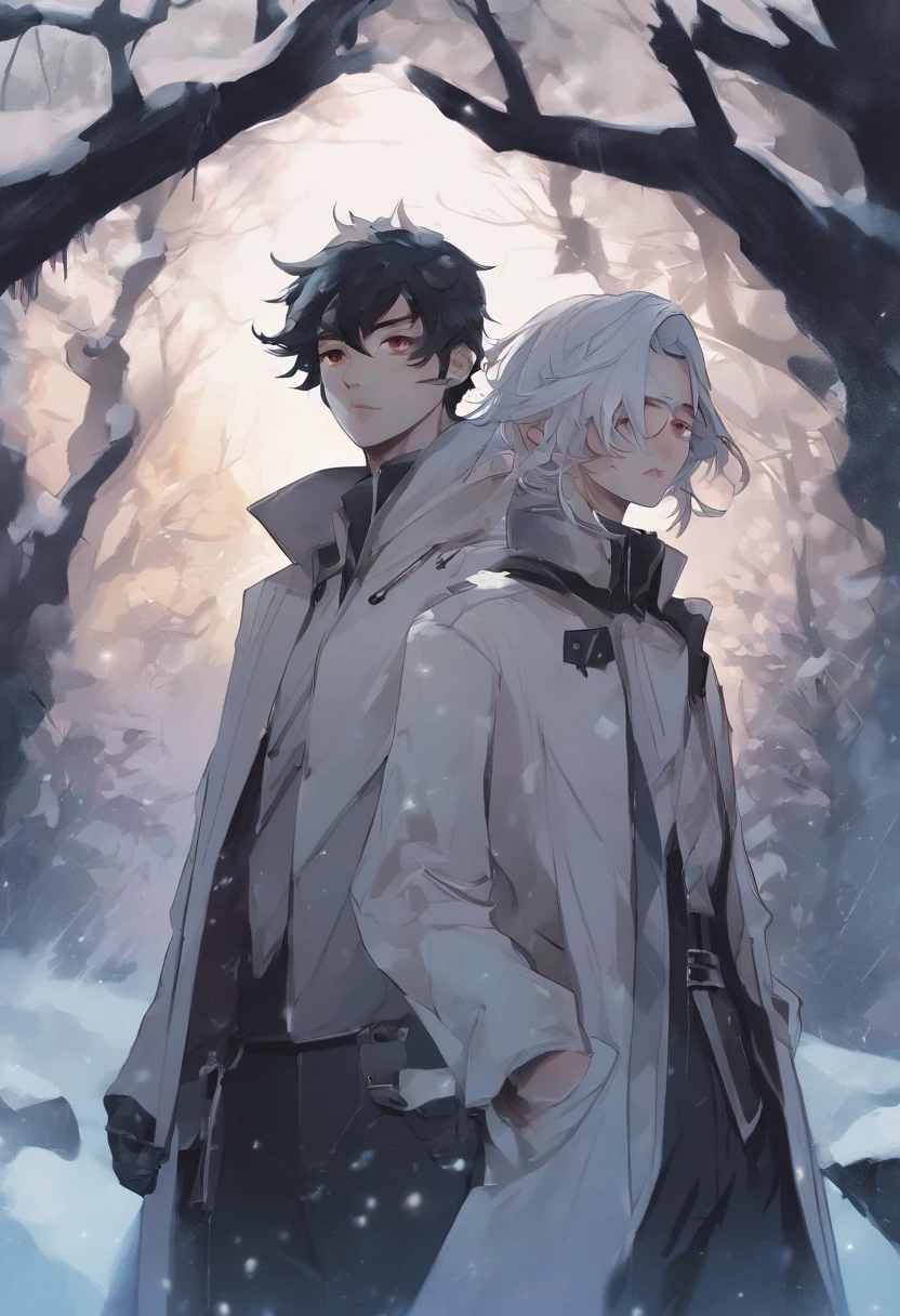 winter light, winter environment, masterpiece, two young korean idol boys in focous shot, two korean males, christmas theme, grey eyes, vertical pupils, forest, grey hair, cold look, light modern clothes, pale skin, colour grading, light illustration, the two people in the middle, extreme quality, radiant, extremely detailed, ultra-detailed face, ultra hd 8k, ultra digitality, mythical, winter evening lightning, concept art portrait by Greg Rutkowski, artgerm, hyperdetailed, intricately detailed art, fantasy style, triadic colours, fantastical, intricate detail, splash screen, complementary colours, fantasy concept art, 8k resolution, deviantart masterpiece, oil painting, heavy strokes, soft lighting, film photography, analogue photography, film grain, Anna Dittmann, hyperrealism, oil dripping,boy,males, korean idol male face, short hair males, ((gay romance))