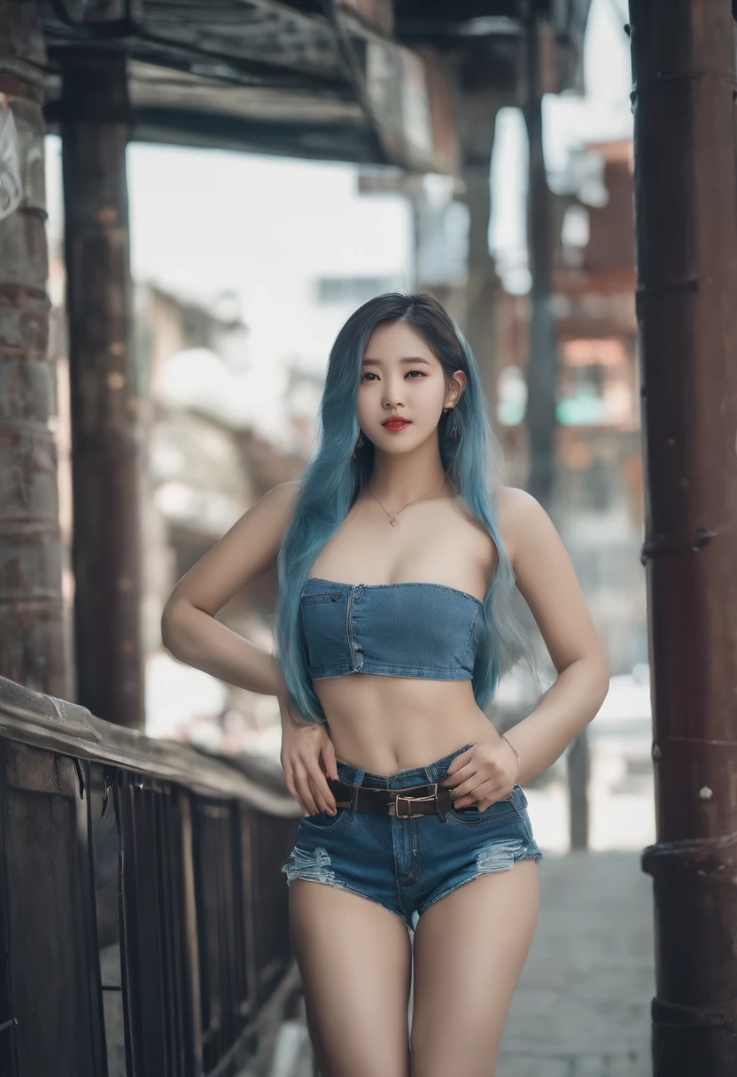 full body, kim chaewon in a bikini, yo, 15orean petite young girl in a dark city street, dark creepy street, petite girl, small breast, petite figure, long light blue hair, ripped tight crop top shirt that expose midriff, ripped tight white shorts, midriff exposed, small tits, ((thin-waist)), a small face