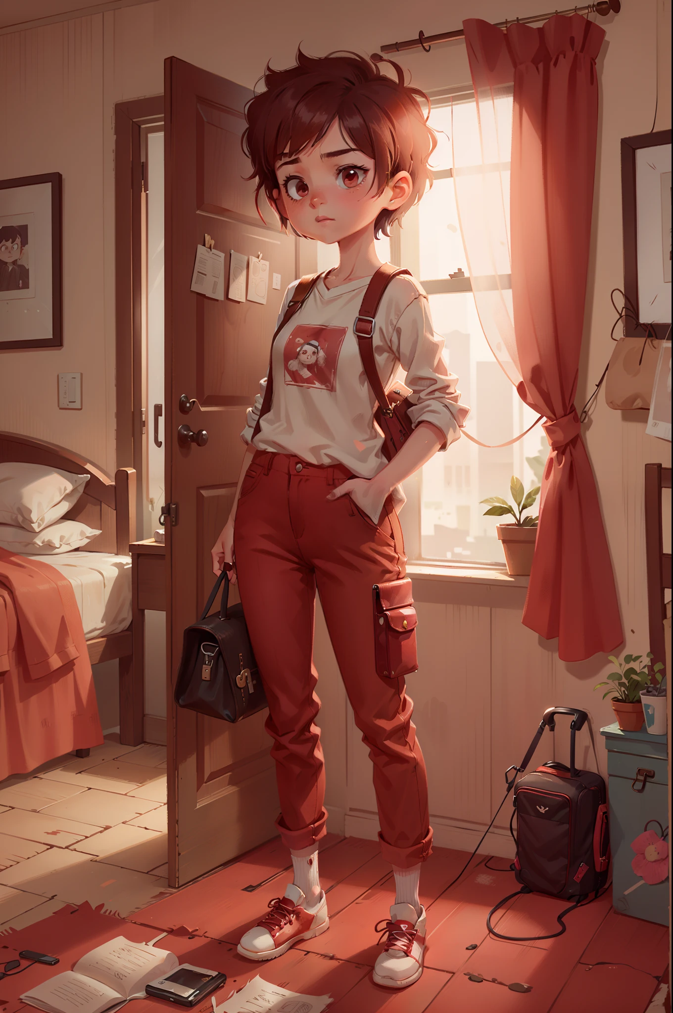 Feminine Character with red color scheme, young adult, interesting outfit, supernatural powers,standing in a dimly lit dust covered bed room, with a small suitcase, visibly uncertain, short hair that's been cut unevenly, wearing pants l