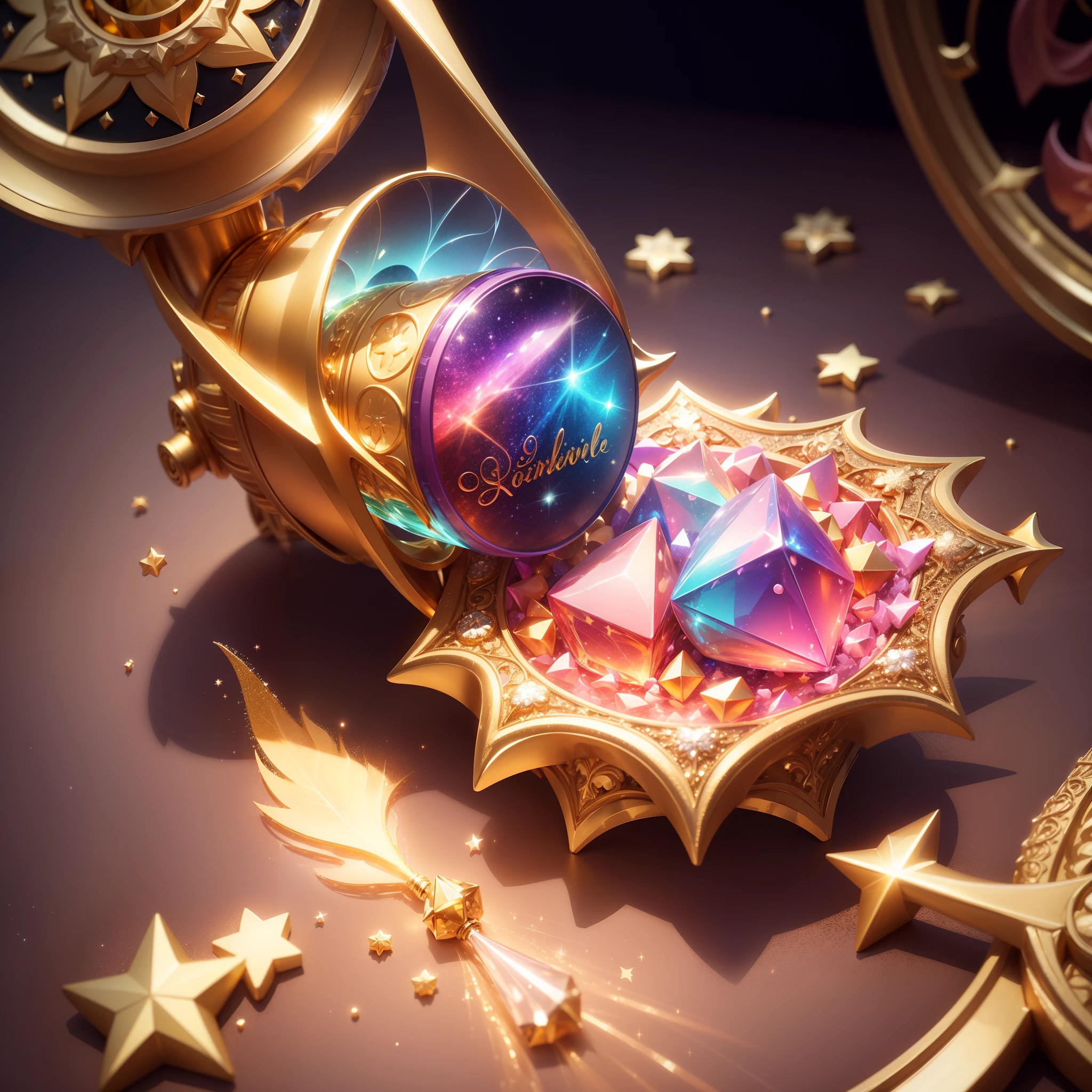 flowing sparkle and love heart water in fantasy style octahedron bottle with a Golden phoenix-shaped metal bottle cap, the background is rainbow galaxy and diamond star, 50mm lens, Intricately detailed, 8k, epic, vivid, sharp focus, ray tracing, photorealistic