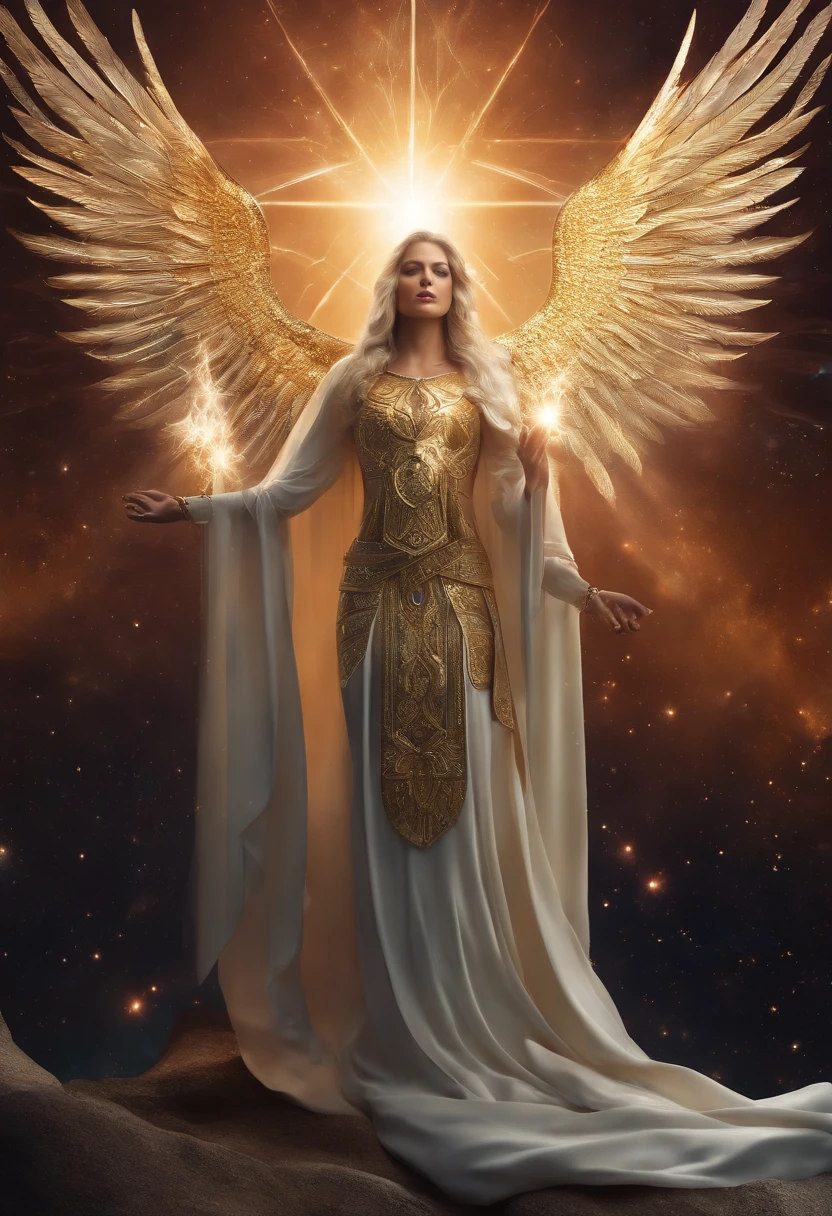 cosmic angel, representation of St. Miguel Arcanjo, defensive position, olhos claros brilhantes, Biomechanicals, estranho, poderoso, pesadelo, cores muito brilhantes, light particles, com luz brilhante, Mshiff, Arte do papel de parede, papel de parede uhd