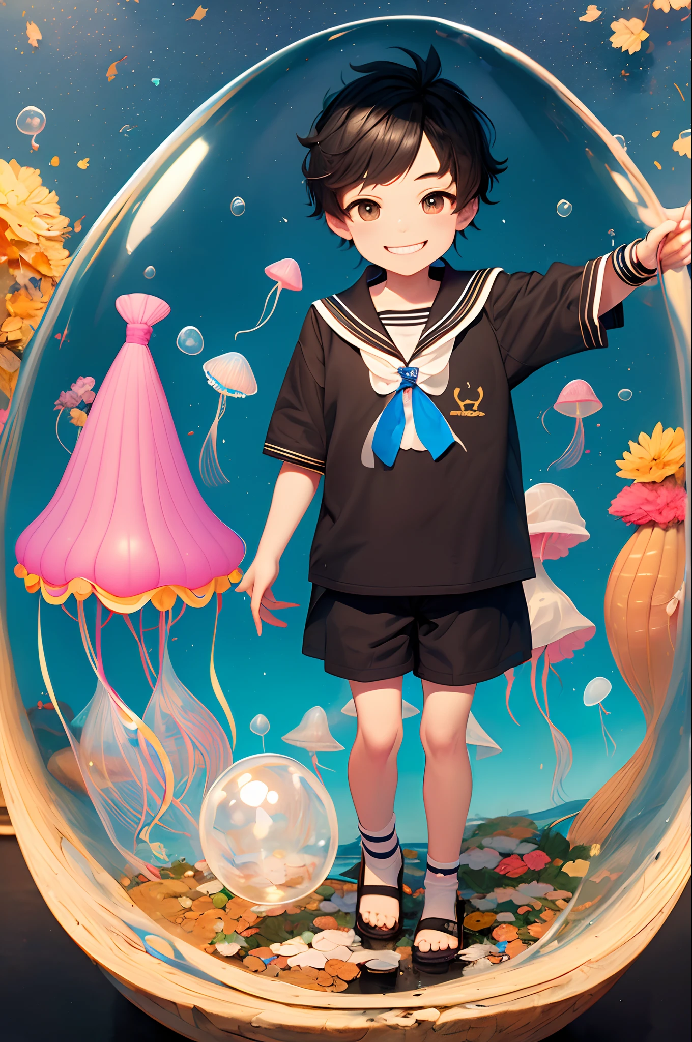 A young sailor boy named Jack, with a mop of unruly black hair and a mischievous grin, stand inside a big bubble,  a big jellyfish at the corner of the picture, Coloring page for kids, cartoon style, thick line, low detail, no shading