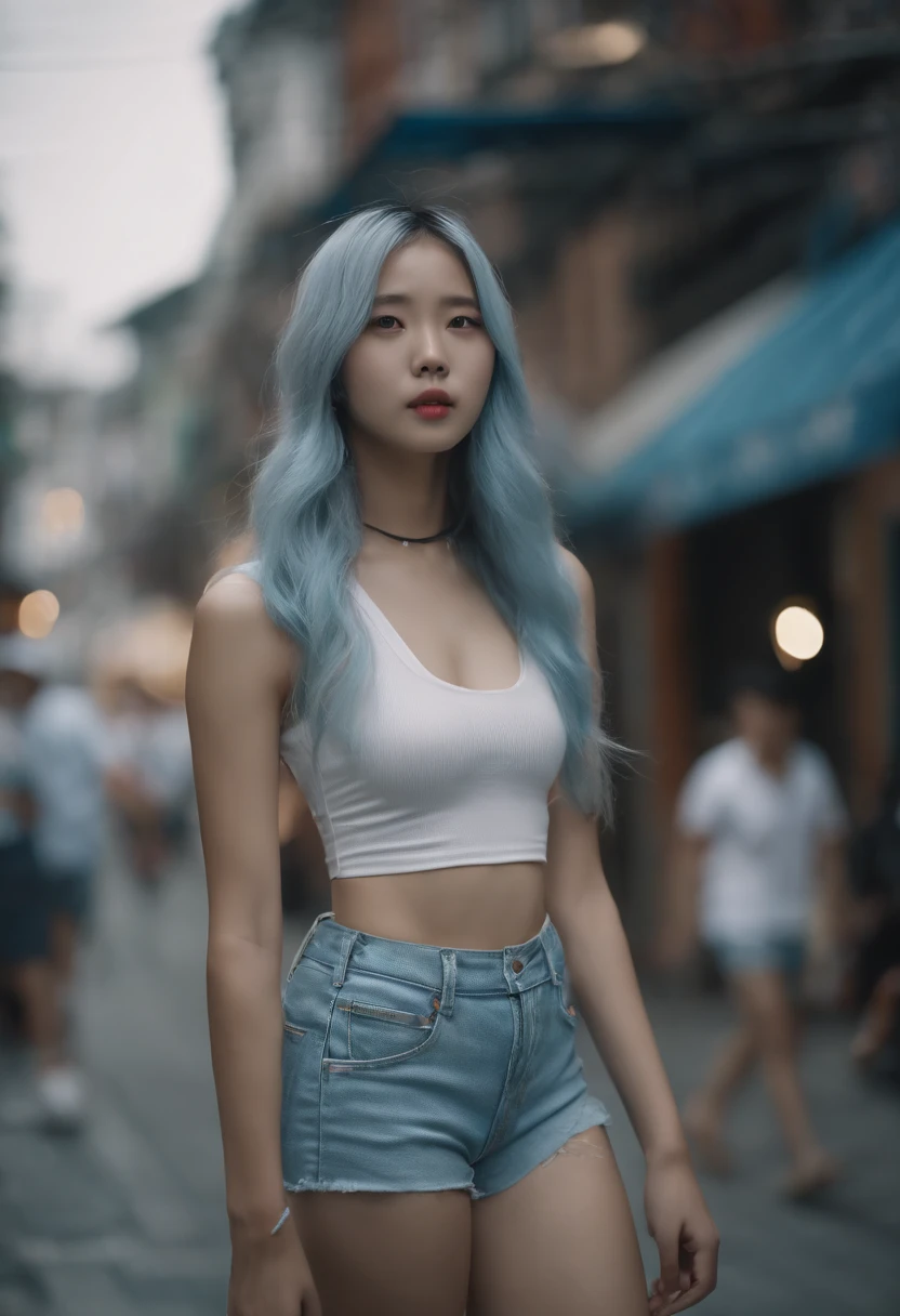 full body, kim chaewon in a bikini, 15yo, 15 years old korean petite young girl in a dark city street, dark creepy street, petite girl, small breast, petite figure, long light blue hair, ripped tight crop top shirt that expose midriff, ripped tight white shorts, midriff exposed, small tits, ((thin-waist)), a small face