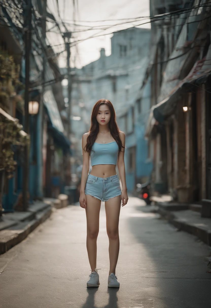 full body, kim chaewon in a bikini, yo, 15orean petite young girl in a dark city street, dark creepy street, petite girl, small breast, petite figure, long light blue hair, ripped tight crop top shirt that expose midriff, ripped tight white shorts, midriff exposed, small tits, ((thin-waist)), a small face