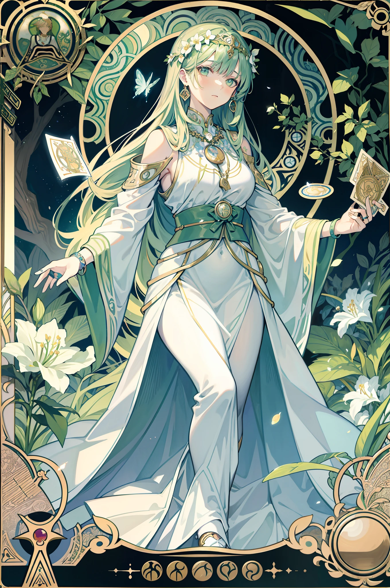 masterpiece, best quality, Alphonse Mucha, art nouveau,
(tarot card style:1.3), unique tarot card framework incorporating floral and greenery elements,
blunt bangs, black straight long hair, looking at viewer,
Amidst a verdant garden, a mystical maiden in a blossoming gown dances with ethereal creatures, bathed in sunlight that illuminates flourishing flora and ancient tarot symbols,
roses, lilies, cherry blossoms, irises, foliage, moss, and vines, elegant dresses inspired by nature, accessories including flower and leaf-designed necklaces, earrings, rings, bracelets, hair ornaments, butterflies, birds, bees, tarot symbols reimagined with floral and greenery designs, goddesses, natural backgrounds like gardens, forests, lakesides, effective use of light and shadow,
realistic, hyper realistic lifelike 3d, zentangle,