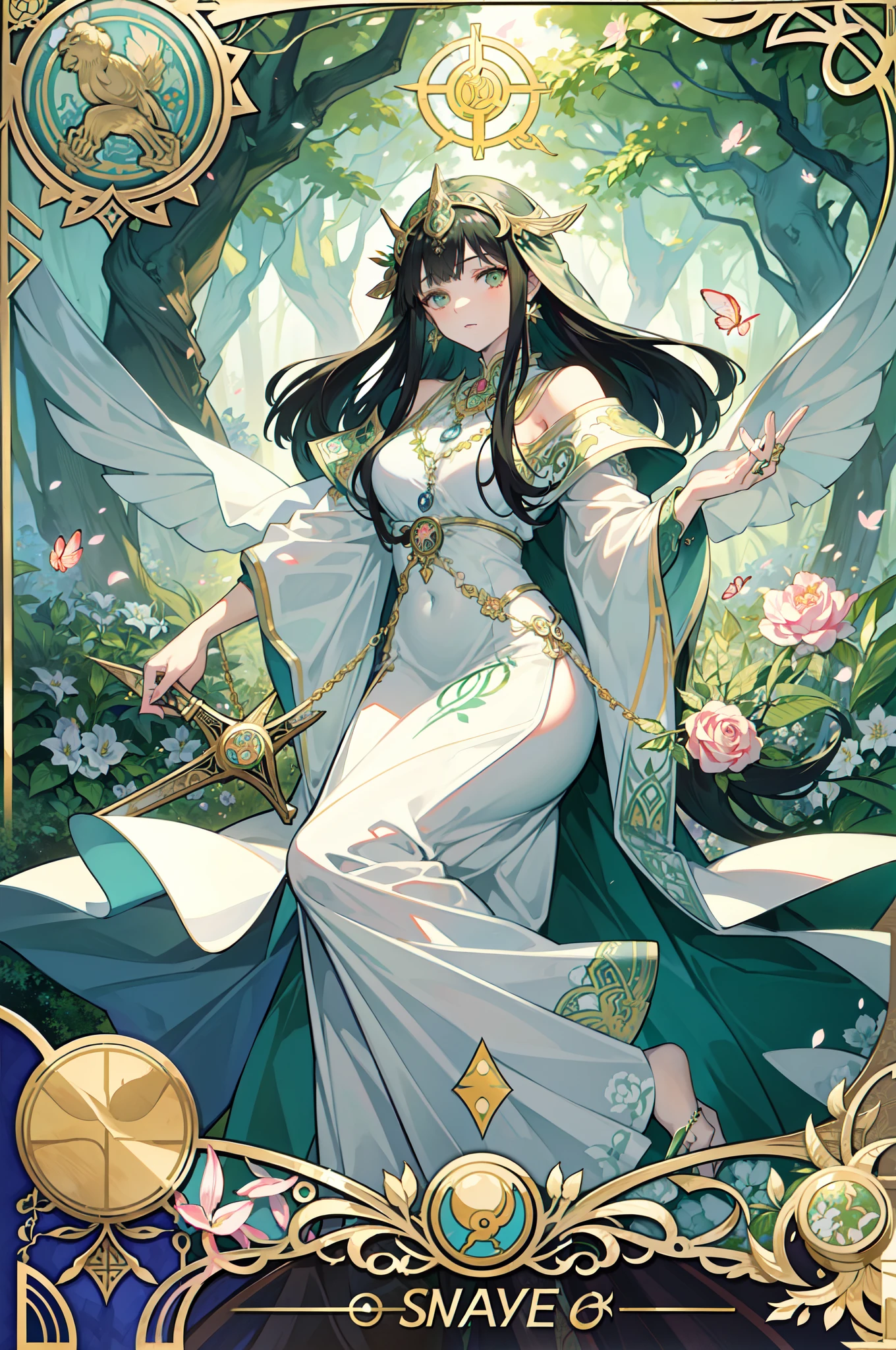 masterpiece, best quality, Alphonse Mucha, art nouveau,
(tarot card style:1.3), unique tarot card framework incorporating floral and greenery elements,
blunt bangs, black straight long hair, looking at viewer,
Amidst a verdant garden, a mystical maiden in a blossoming gown dances with ethereal creatures, bathed in sunlight that illuminates flourishing flora and ancient tarot symbols,
roses, lilies, cherry blossoms, irises, foliage, moss, and vines, elegant dresses inspired by nature, accessories including flower and leaf-designed necklaces, earrings, rings, bracelets, hair ornaments, butterflies, birds, bees, tarot symbols reimagined with floral and greenery designs, goddesses, natural backgrounds like gardens, forests, lakesides, effective use of light and shadow,
realistic, hyper realistic lifelike 3d, zentangle,