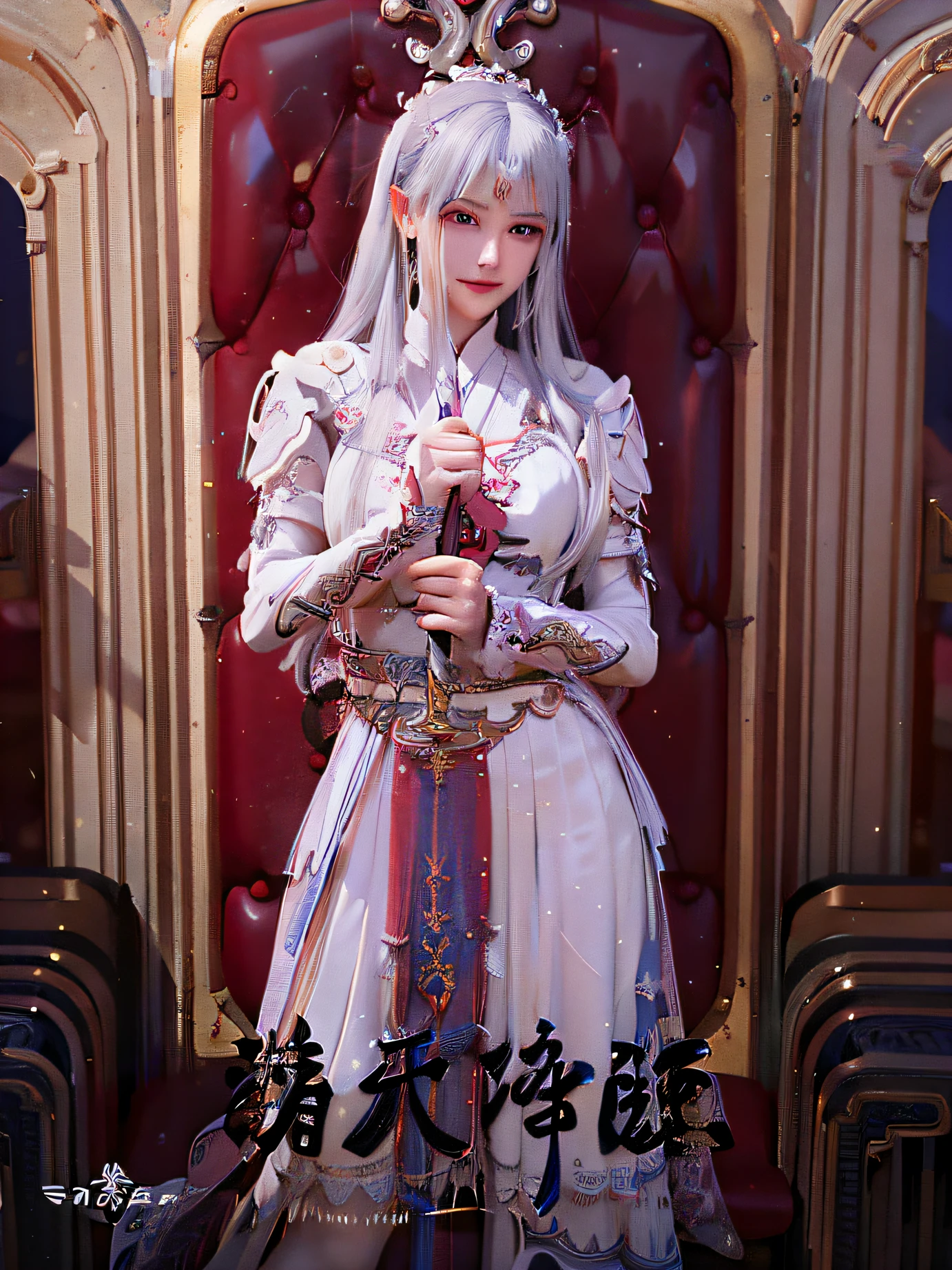 arafed image of a woman in a white dress holding a sword, full-body xianxia, a beautiful fantasy empress, imperial royal elegant clothing, elegant cinematic pose, Tifa Lockhart with white hair, detailed white long hair, The queen of longing, royal elegant pose, Holy Kesha, white-haired god