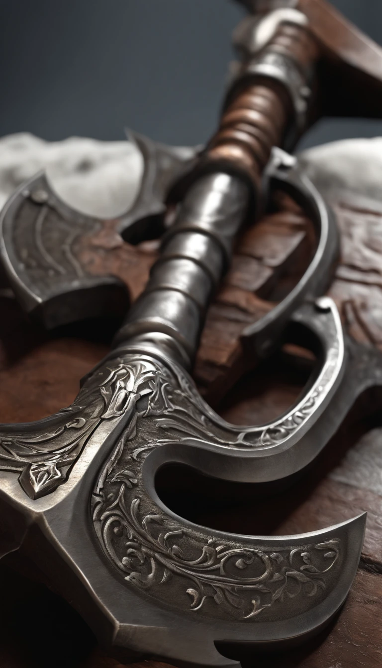 Close-up of a crank axe, fantasy weapon, 8K, Berserker weapons, super detailed render, Plain white background,highly detailed texture render,battleaxe, rpg item render, dwarven weapon, 3D axe modeling, hyper realistic detailed rendering, epic fantasy weapon art, detailed unreal engine 5 render