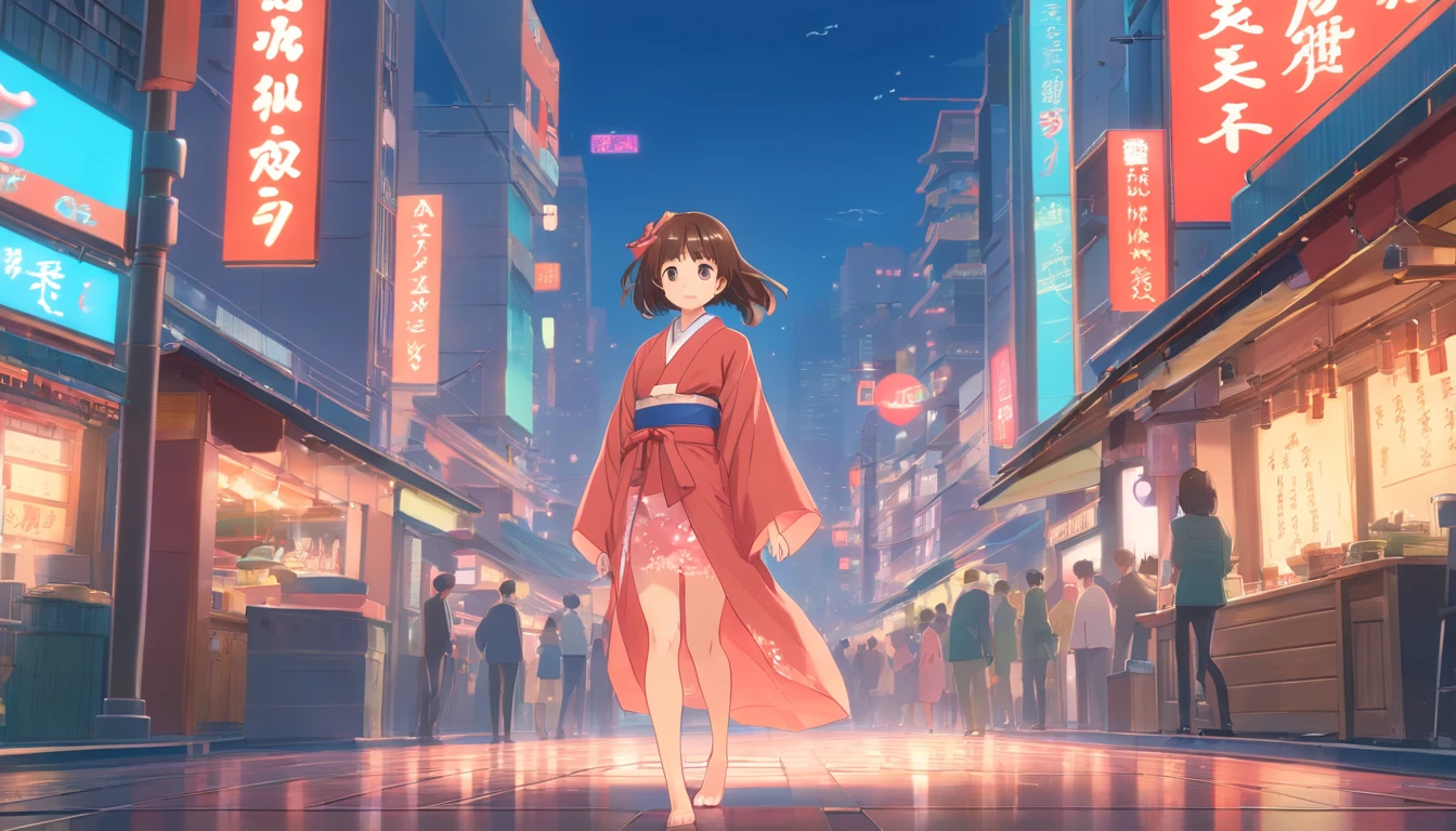 (((Tulle kimono underwear)))1girl in, nedium breasts, brunette color hair, cropped shoulders, Animated scene of streets with neon signs and buildings, lofi hip hop, Praise Artstyle, Lofi art, chillhop, lofi, anime movie backgrounds, koto no ha no niwa, anime backgrounds, lofi aesthetics, wit studio anime, lofi album art, Lophy Technology, lofi vibes, lofi feel, Lofe Vibe、((tmasterpiece),(the Extremely Detailed CG Unity 8K Wallpapers)、top-quality、、独奏、1girll、电影灯光、细致背景、beatiful detailed eyes、Bright pupils、(Extremely Delicately Beautiful)、(Beautiful and detailed eyes description)、ultra - detailed、tmasterpiece、))