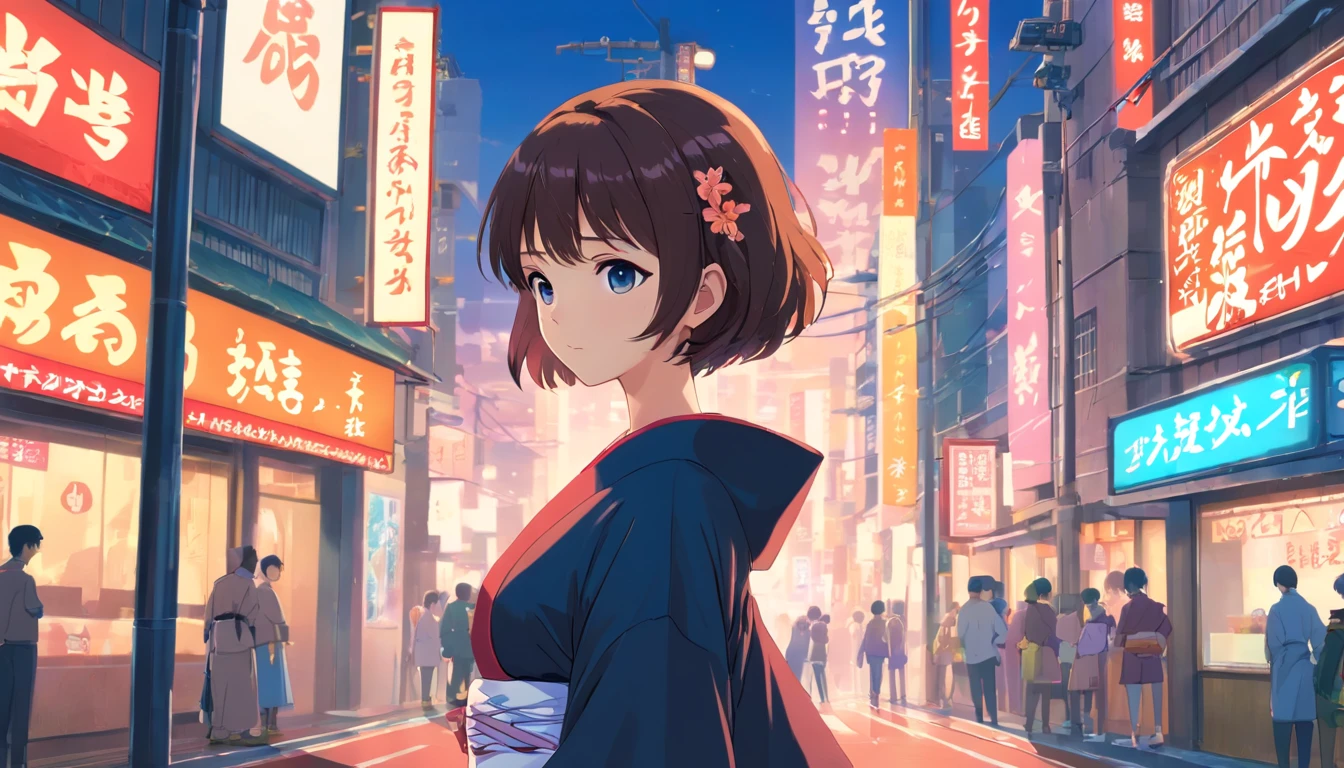 (((Tulle kimono underwear)))1girl in, nedium breasts, brunette color hair, cropped shoulders, Animated scene of streets with neon signs and buildings, lofi hip hop, Praise Artstyle, Lofi art, chillhop, lofi, anime movie backgrounds, koto no ha no niwa, anime backgrounds, lofi aesthetics, wit studio anime, lofi album art, Lophy Technology, lofi vibes, lofi feel, Lofe Vibe、((tmasterpiece),(the Extremely Detailed CG Unity 8K Wallpapers)、top-quality、、独奏、1girll、电影灯光、细致背景、beatiful detailed eyes、Bright pupils、(Extremely Delicately Beautiful)、(Beautiful and detailed eyes description)、ultra - detailed、tmasterpiece、))
