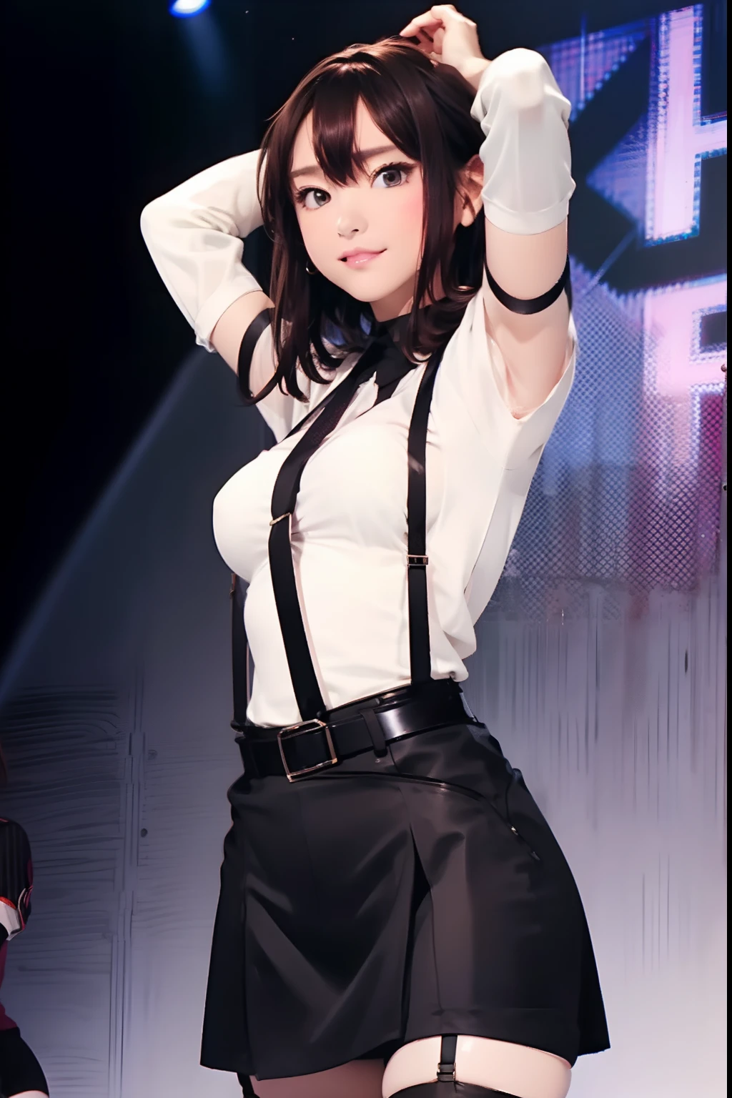 Black skirt, suspenders, Brown hair Gray eyes, Garter belt on the legs, Tight clothes, a belt Armpit sweat Tight look Moderate breasts