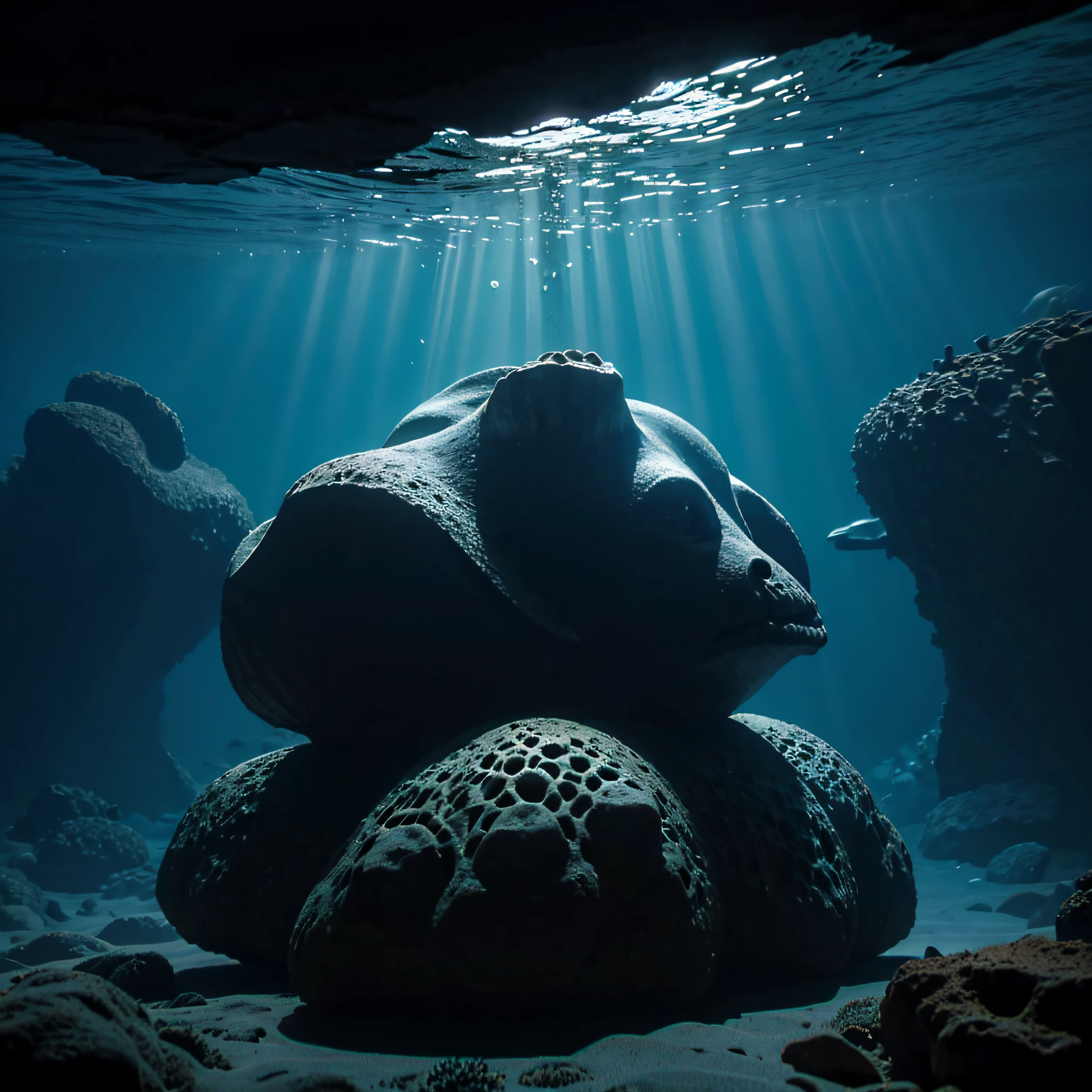 (extremadamente detallado, obra maestra, La mejor calidad, Under the Ocean), Estilo oscuro, volumetric illumination. textura de babosa, piel de caracol. manchas de tinta. Rococo composition.