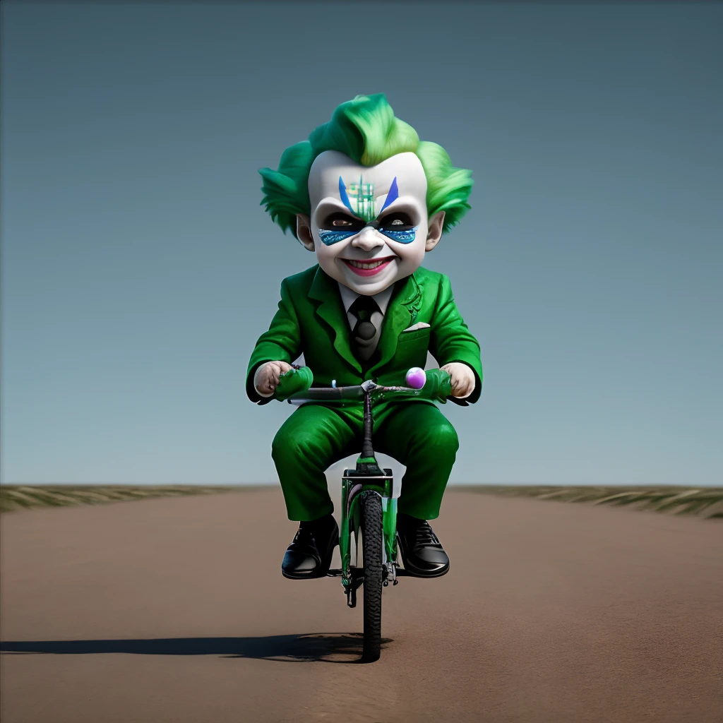 Grinning clown,Cute little boy,Green hair,Wearing a purple suit,Riding a bicycle,full body concept,Vakun Phoenix,k hd,Highest image quality,tmasterpiece