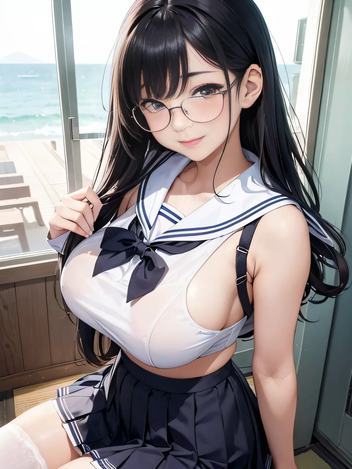 a 20 yo woman、Japan school uniform、(Sailor suit in cute shades)、(White sailor color)、Smiling with a sexual expression、Cute hairstyle、Colossal tits、Shoulder close-up view from the side、(Close-up view of collar from the side)、high-level image quality、beautiful  Girl、sea side、a sailor suit、((white sailor collar))、Sleeveless、Plaid pleated skirt、Stockings、(huge-breasted)、Fluttering the chest、emphasizing breasts、Sleeveless、Smiling、pantie shot、Panchira、Cute patterned panties、Pants with cute patterns、Show the armpits