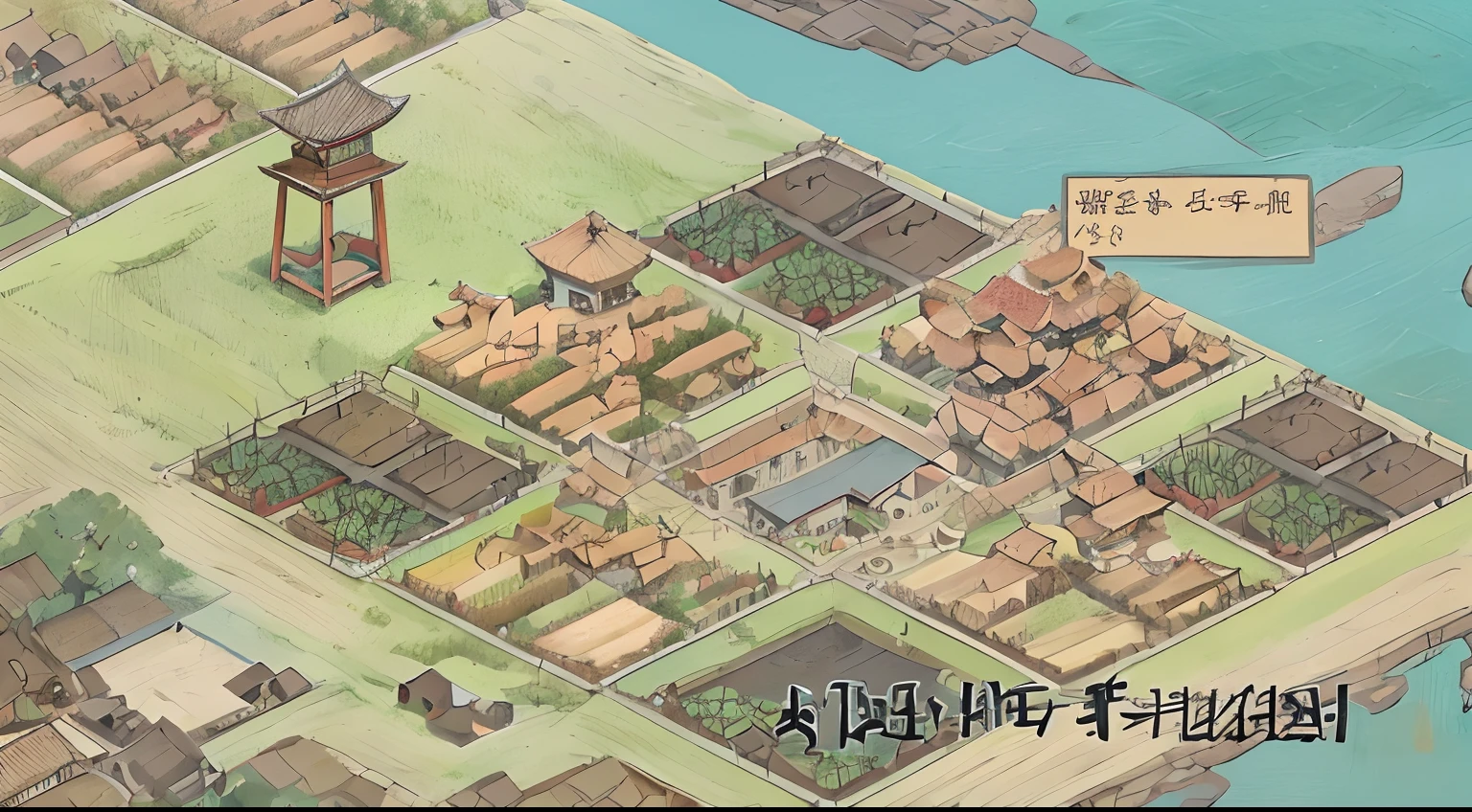 There is a manga of a village with many people, Traditional Chinese concept art, Chinese village, pastoral environment, Chinese village, Old ethnic style village, Chinese style illustration, Pintura em grande estilo, Ethnic villages, Ethnic villages and towns, Idyllic game,game screenshot,The city is full of diversity,Farms are farmland