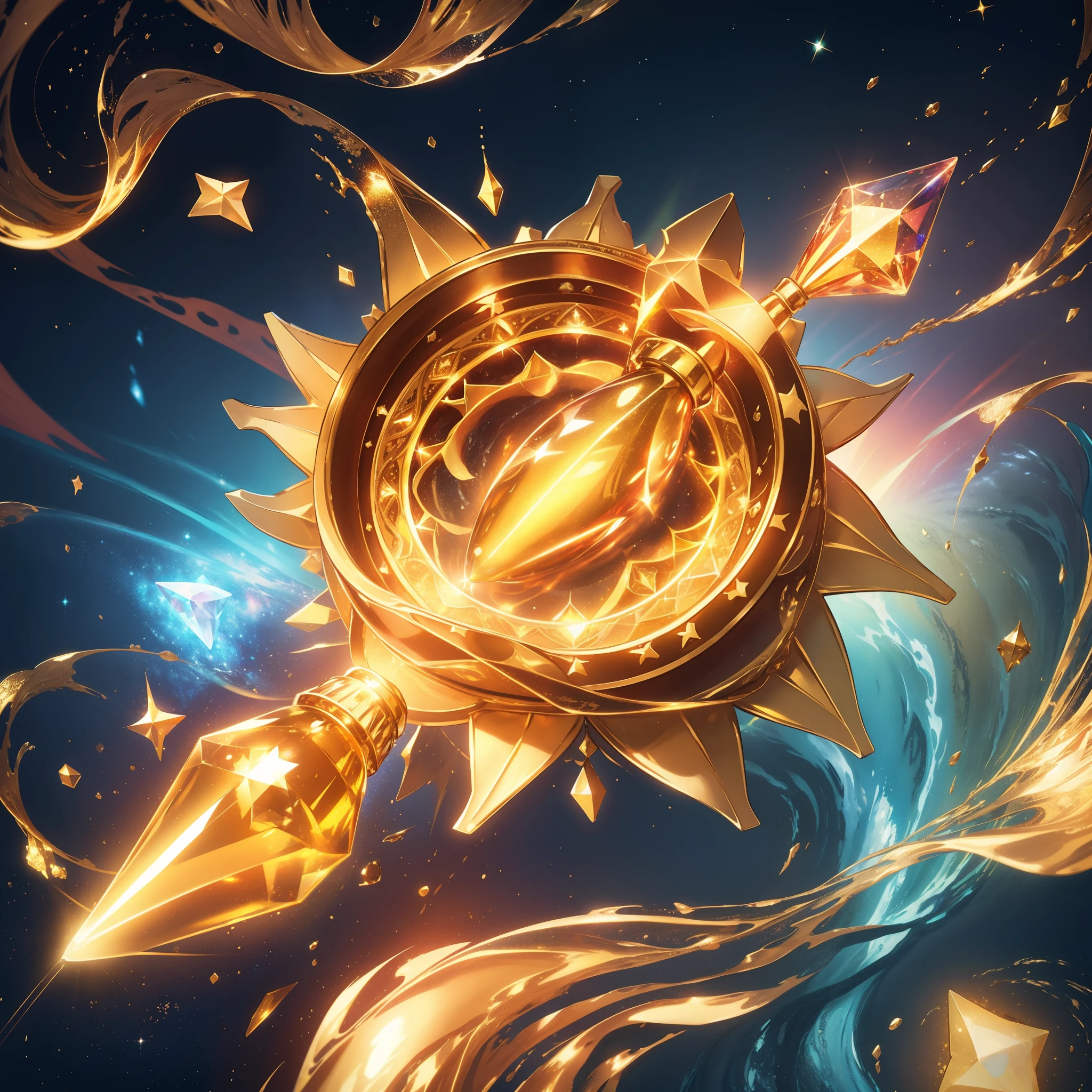 Flowing brilliance and water of love heart、Fantasy style octahedral bottle、Golden phoenix-shaped metal bottle cap, Backgrounds are Rainbow Galaxy and Diamond Star, 50mm Lens, Intricately detailed, 8K, epicd, Vivid, Sharp Focus, Ray tracing, Photorealistic