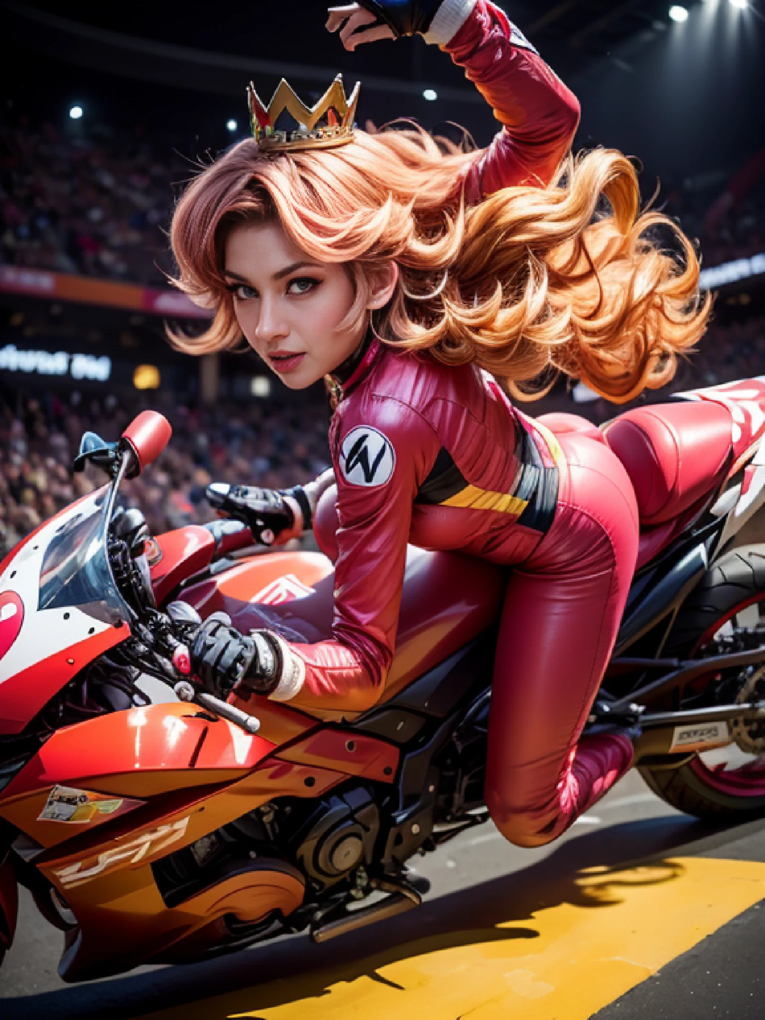riding sport motocycle, princess peach, Mario kart, pink suit, blonde hair, race streets, crown, detailed textures, dynamic action, vibrant colors, energetic lighting, realistic portrayal, eye-catching composition, thrilling atmosphere, high-definition, high-res details, 4k resolution. shot from behind, close up, riding, sfw
