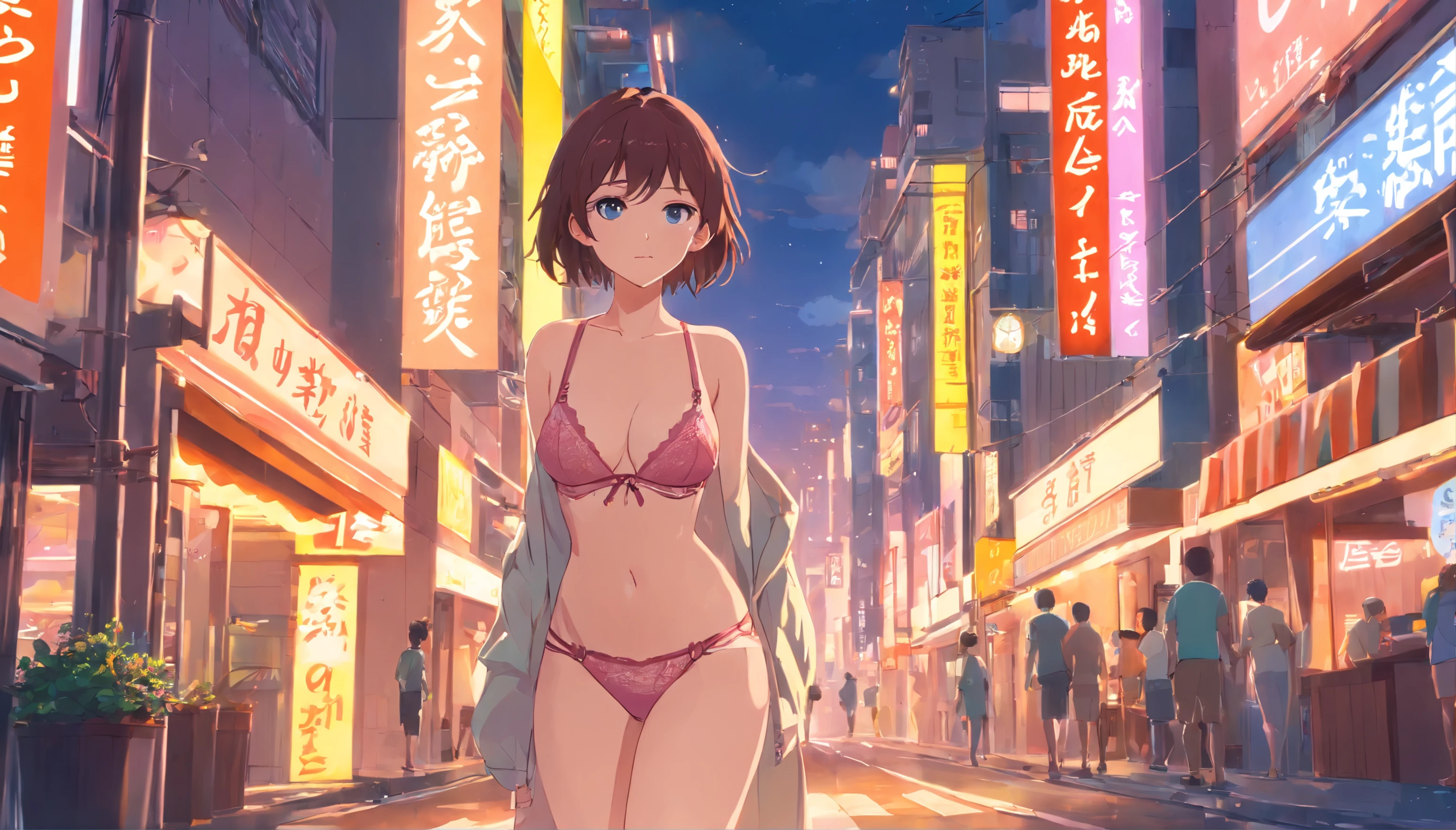 ((sensual lingerie))1girll, nedium breasts, brunette color hair, cropped shoulders, Animated scene of streets with neon signs and buildings, lofi hip hop, Praise Artstyle, Lofi art, chillhop, lofi, anime movie backgrounds, koto no ha no niwa, anime backgrounds, lofi aesthetics, wit studio anime, lofi album art, Lophy Technology, lofi vibes, lofi feel, Lofe Vibe、((tmasterpiece),(the Extremely Detailed CG Unity 8K Wallpapers)、top-quality、、独奏、1girll、电影灯光、细致背景、beatiful detailed eyes、Bright pupils、(Extremely Delicately Beautiful)、(Beautiful and detailed eyes description)、ultra - detailed、tmasterpiece、))