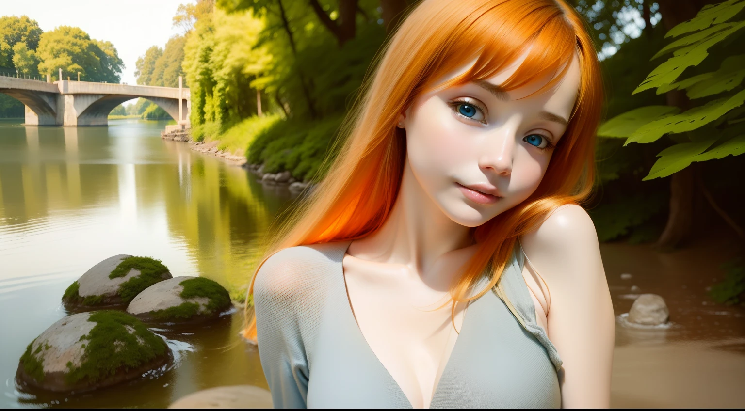 masutepiece, Best Quality, High resolution, (((detail portrayal、8K分辨率))), (((Uniform beautiful face))),Solo, bright light blue eyes, ash blonde, Ultramarine dress without sleeves、Yellow floral dress、plein air、Stone bridge,a river,Natural light