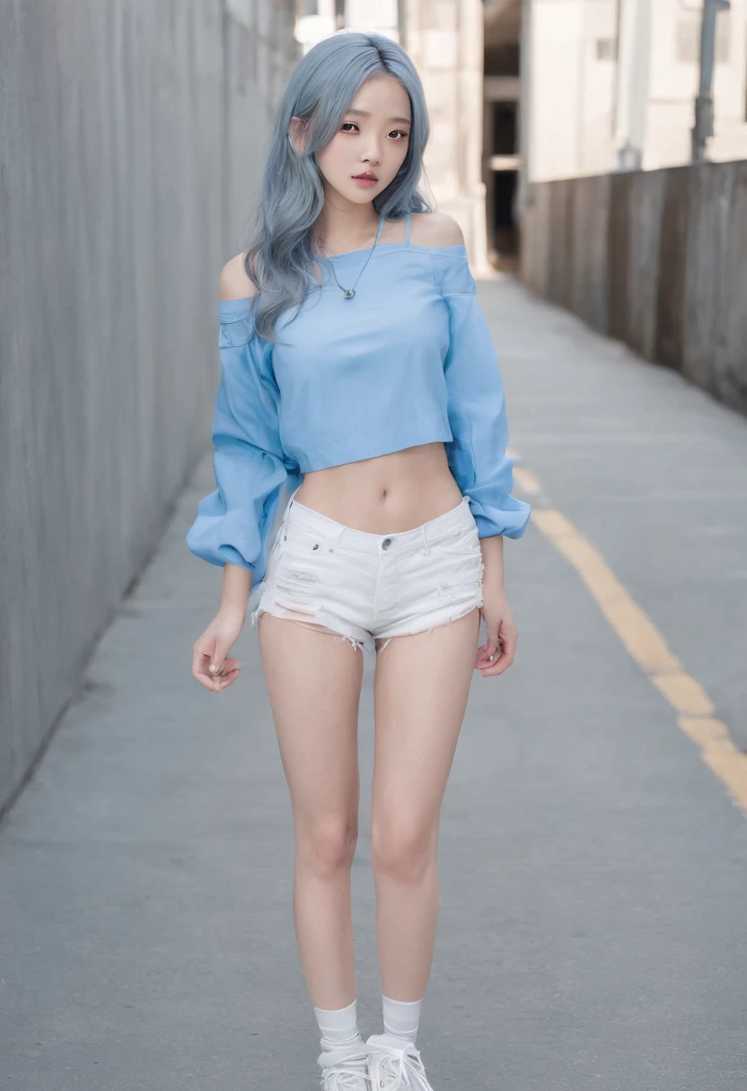 full body, kim chaewon in a bikini, 15yo, 15 years old korean petite young girl in a dark city street, dark creepy street, petite girl, small breast, petite figure, long light blue hair, ripped tight crop top shirt that expose midriff, ripped tight white shorts, midriff exposed, small tits, ((thin-waist)), a small face