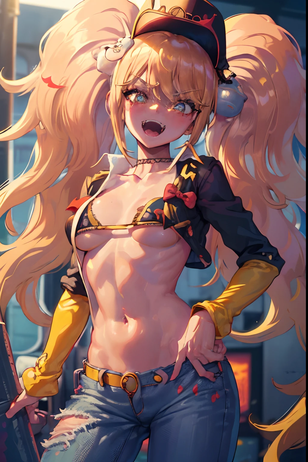 Original Character, Volumetric Lighting, Best Shadows, Shallow Depth of Field, Portrait Of Stunningly Beautiful Girl, Petite, Delicate Beautiful Attractive Face With Alluring Yellow Eyes, Messy Painted Face, Sharp Eyebrows, Broadly Smiling, Open Mouth, Fangs Out, Lovely Medium Breasts, Layered Long Twintail Blond Hair, Blush Eyeshadow, Thick Eyelashes, Applejack Hat, Oversized Pop Jacket, Mini Underboob Tee, Open Navel, Slim Waist, Denim Jeans Pants, With Buckle Belt, In The Graffiti Alley, Waste Container, Outside Stairs, Outdoor Unit, Holding Spray Paint Can, Standing, (Highest Quality, Amazing Details:1.25), (Solo:1.3), Brilliant Colorful Paintings