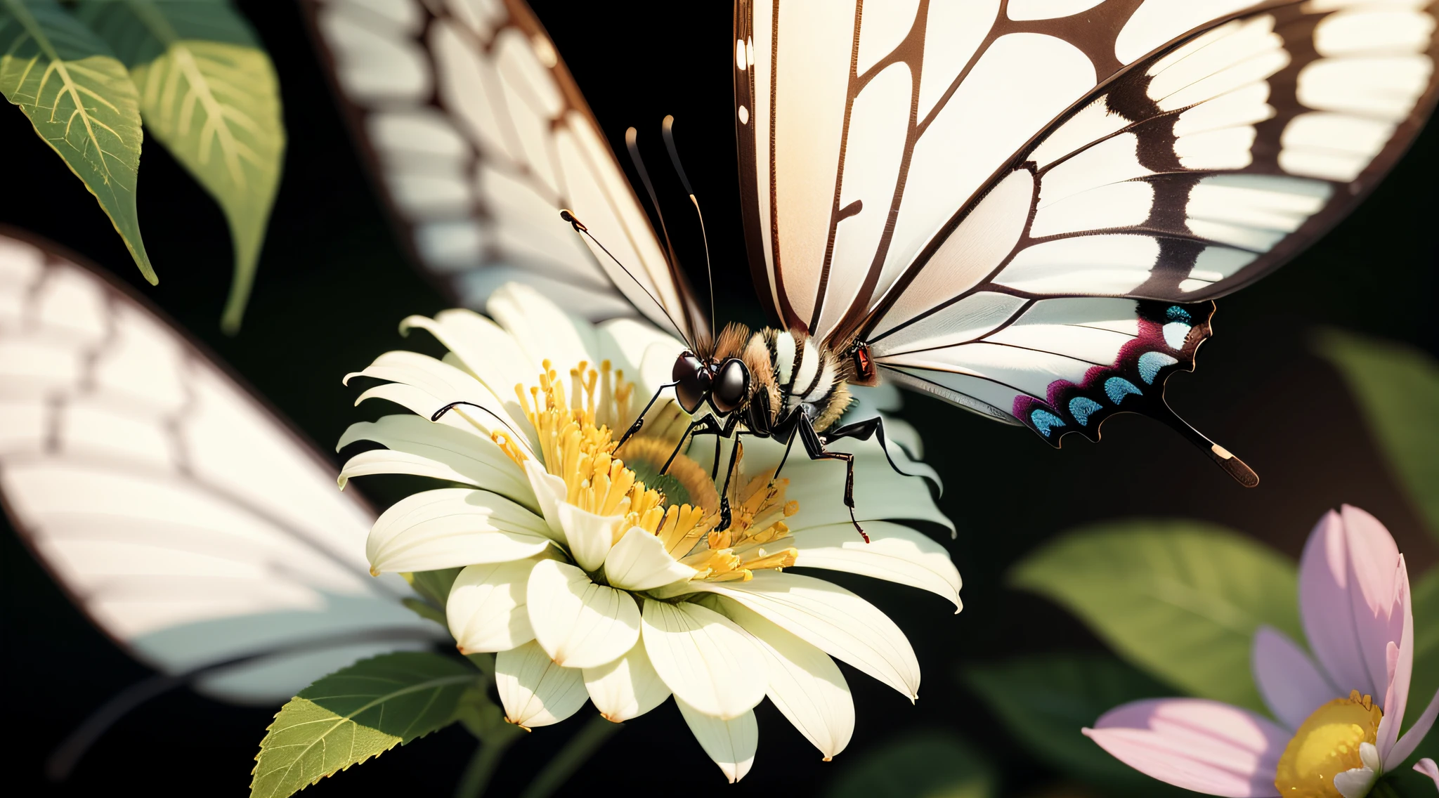 flower, no humans, wings, bug, blurry, white flower, butterfly, solo, depth of field, butterfly wings, antennae