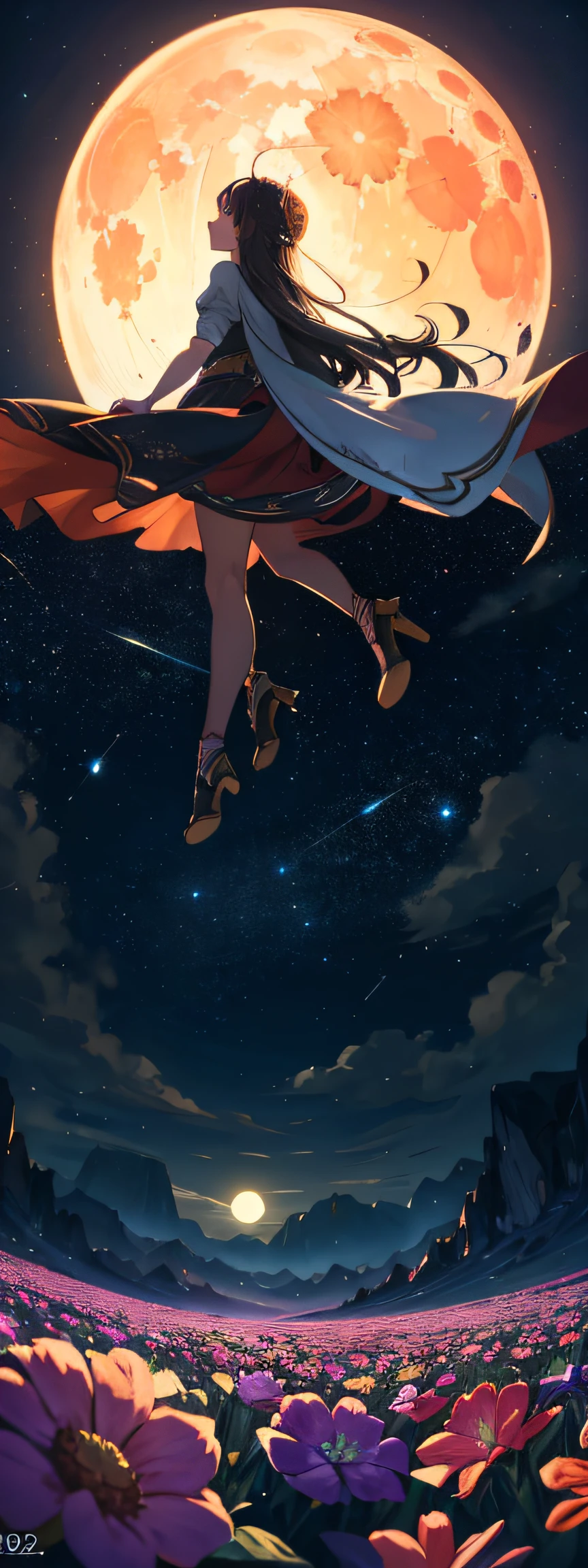 Vast landscape photo, (viewed from below, the sky is above and the open field is below), a girl standing on a flower field looking up, (full moon: 1.2), (meteor: 0.9), (nebula: 1.3), distant mountains , Trees BREAK Crafting Art, (Warm Light: 1.2), (Fireflies: 1.2), Lights, Lots of Purple and Orange, Intricate Details, Volumetric Lighting, Realism BREAK (Masterpiece: 1.2), (Best Quality), 4k, Ultra-Detailed, (Dynamic Composition: 1.4), Very Detailed, Colorful Details, (Rainbow Colors: 1.2), (Glow Lighting, Atmospheric Lighting), Dreamy, Magical, (Solo: 1.2)