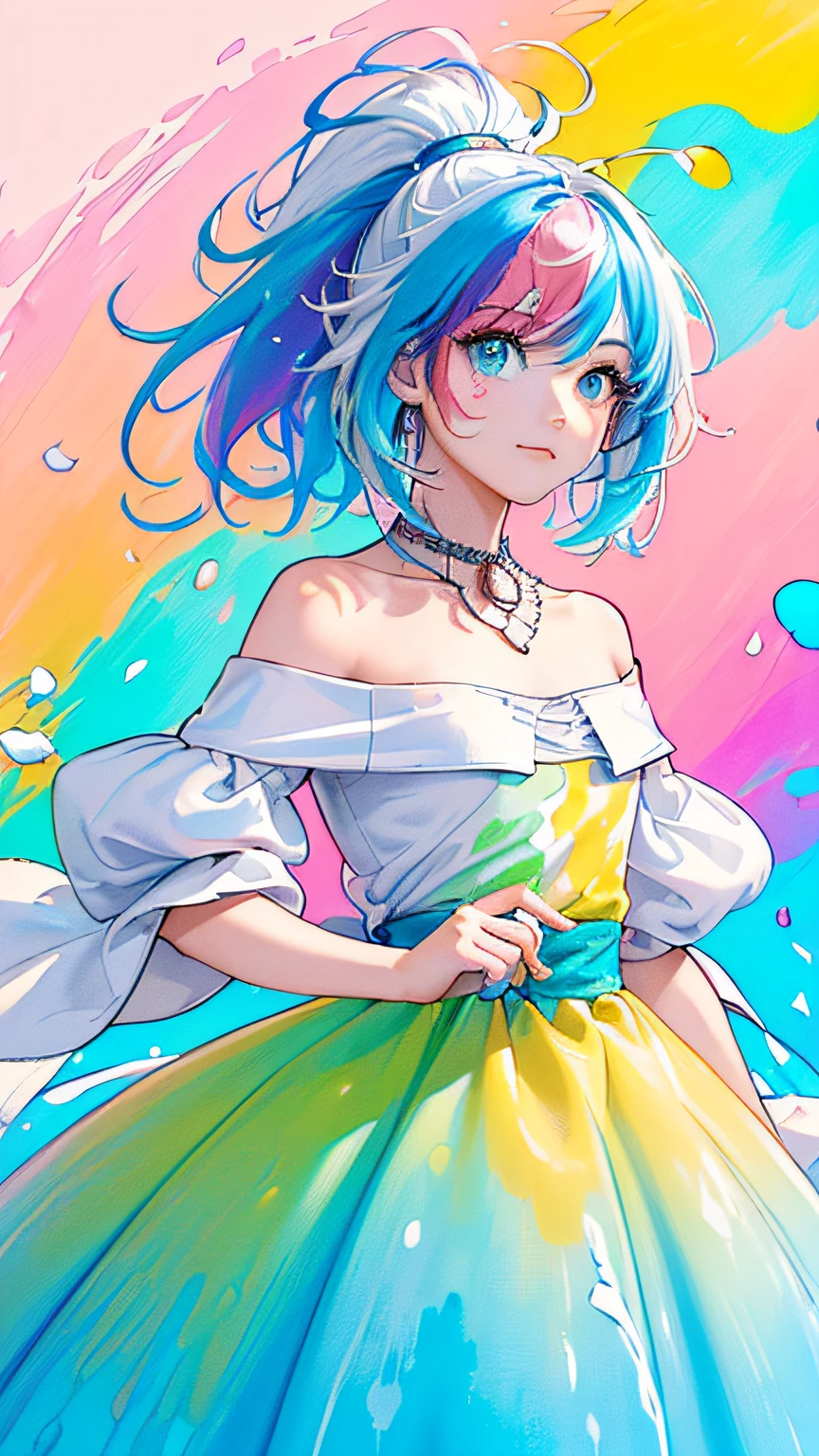 (Pink Fashion T-shirt:1.9),(Colorful hair: 1.8), (all the colours of the rainbow: 1.8),(((((vertical painting:1.6))), (painting:1.6),front, comics, illustrations, paintings, large eyes, crystal clear eyes,( rainbow color gradient high ponytail:1.7), exquisite makeup, closed mouth,(Small Fresh: 1.5),(Wipe Chest: 1.6) ,long eyelashes, white off shoulder T-shirt, White Shoulder Shirt,looking at the audience, large watery eyes, (rainbow colored hair:1.6), color splash, (solo:1.8), color splash, color explosion, thick paint style, messy lines, ((shining)),(colorful), (colorful), (colorful), colorful, Thick Paint Style, (Splash) (Color Splash), Vertical Painting, Upper Body, Paint Splash, Acrylic Pigment, Gradient, Paint, Highest Image Quality, Highest Quality, Masterpiece, Solo, Depth of Field, Face Paint, colorful clothes, (Elegant: 1.2), gorgeous,long hair, wind, (Elegant: 1.3), (Petals: 1.4),(((masterpiece))),(((best quality))),((ultra-detailed)),(illustration),(dynamic angle),((floating)),(paint),((disheveled hair)),(solo),(1girl) , (((detailed anima face))),((beautiful detailed face)),collar,bare shoulders,white hair, ((colorful hair)),((streaked hair)),beautiful detailed eyes,(Gradient color eyes),(((colorful eyes))),(((colorful background))),(((high saturation))),(((surrounded by colorful splashes))),