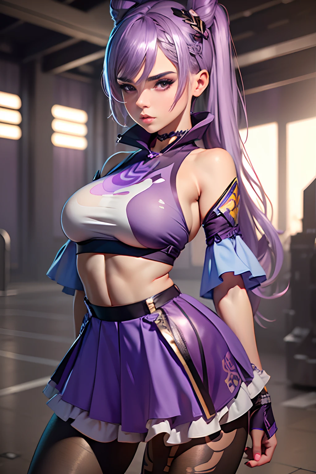 (Best quality) (masterpiece) 1girl, light purple hair pigtails. Big breasts, bulged skirt, ((ripped tights)). Body turned to camera. Looking at camera seductive eyes. Pout lips. Crop top. Octane render.