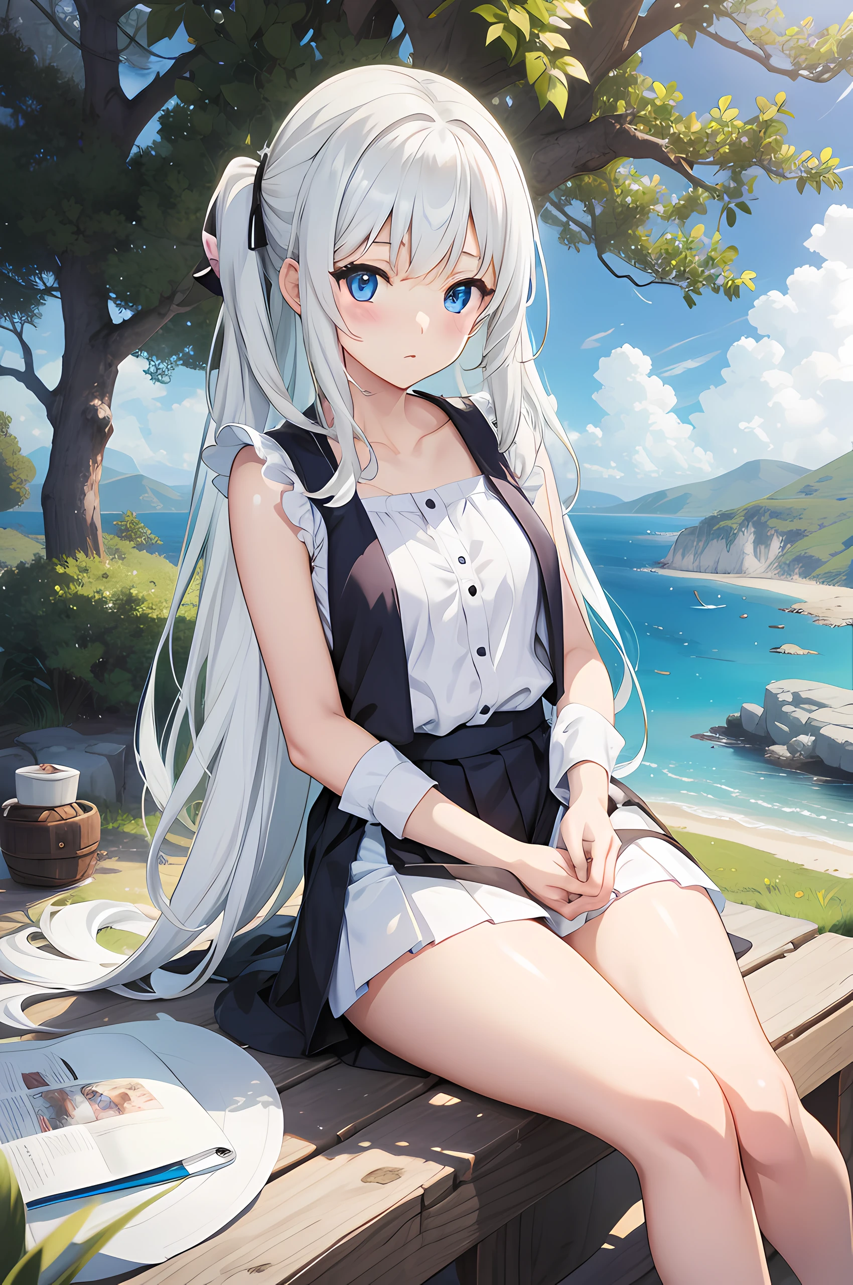 anime style, girl, A world of fantasy, white underwear, miniskirt, sitting under a tree, undressing her panties off, expressive eyes