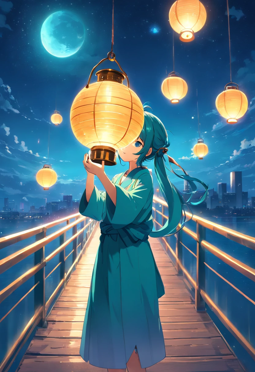 Anime girl holding glowing lantern in her hand, Big breasts Hatsune Miku, Anime girl with teal hair, nigh sky,starrysky, High Quality Anime Art Style, anime moe art style, . 8K, in style of kyoto animation, style of anime4 K, anime wallaper, anime visual of a cute girl,, Anime wallpaper 4K, starrysky,Aesthetic,Stand on the bridge and enjoy the moon,Golden moon,