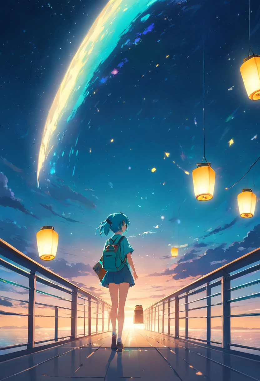 Anime girl holding glowing lantern in her hand, Big breasts Hatsune Miku, Anime girl with teal hair, nigh sky，starrysky, High Quality Anime Art Style, anime moe art style, . 8K, in style of kyoto animation, style of anime4 K, anime wallaper, anime visual of a cute girl,, Anime wallpaper 4K, starrysky，Aesthetic，Stand on the bridge and enjoy the moon，Golden moon，