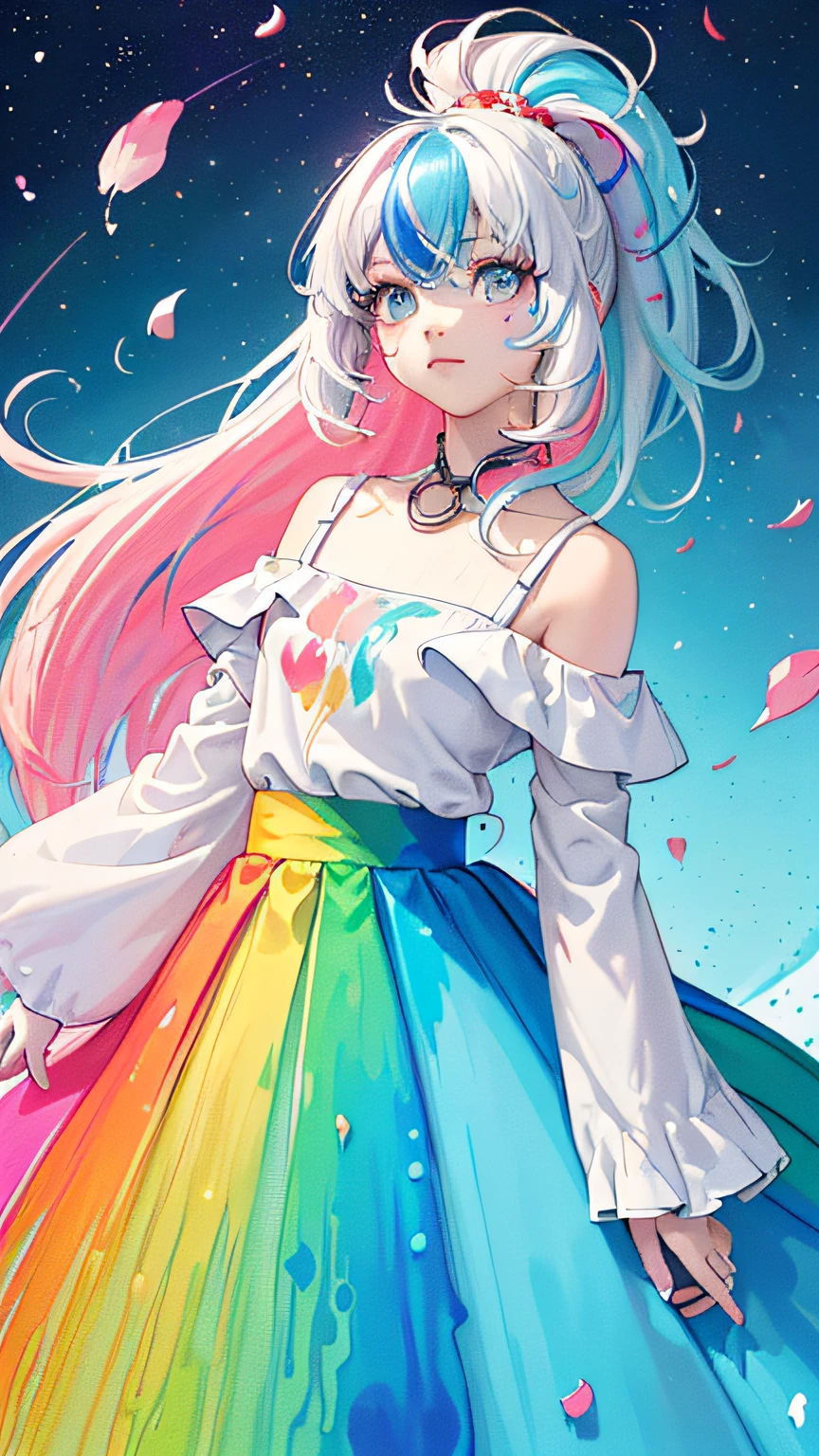 （Pink Fashion T-shirt：1.9），(Colorful hair: 1.8), (all the colours of the rainbow: 1.8),(((((vertical painting：1.6))), （painting：1.6），front, comics, illustrations, paintings, large eyes, crystal clear eyes,（ rainbow color gradient high ponytail：1.7）, exquisite makeup, closed mouth,(Small Fresh: 1.5),(Wipe Chest: 1.6) ，long eyelashes, white off shoulder T-shirt,  White Shoulder Shirt，looking at the audience, large watery eyes, (rainbow colored hair：1.6), color splash, （solo：1.8）, color splash, color explosion, thick paint style, messy lines, ((shining))，(colorful), (colorful), (colorful), colorful, Thick Paint Style, (Splash) (Color Splash), Vertical Painting, Upper Body, Paint Splash, Acrylic Pigment, Gradient, Paint, Highest Image Quality, Highest Quality, Masterpiece, Solo, Depth of Field, Face Paint,  colorful clothes, (Elegant: 1.2), gorgeous,long hair, wind, (Elegant: 1.3), (Petals: 1.4)，(((masterpiece))),(((best quality))),((ultra-detailed)),(illustration),(dynamic angle),((floating)),(paint),((disheveled hair)),(solo),(1girl) , (((detailed anima face))),((beautiful detailed face)),collar,bare shoulders,white hair, ((colorful hair)),((streaked hair)),beautiful detailed eyes,(Gradient color eyes),(((colorful eyes))),(((colorful background))),(((high saturation))),(((surrounded by colorful splashes))),