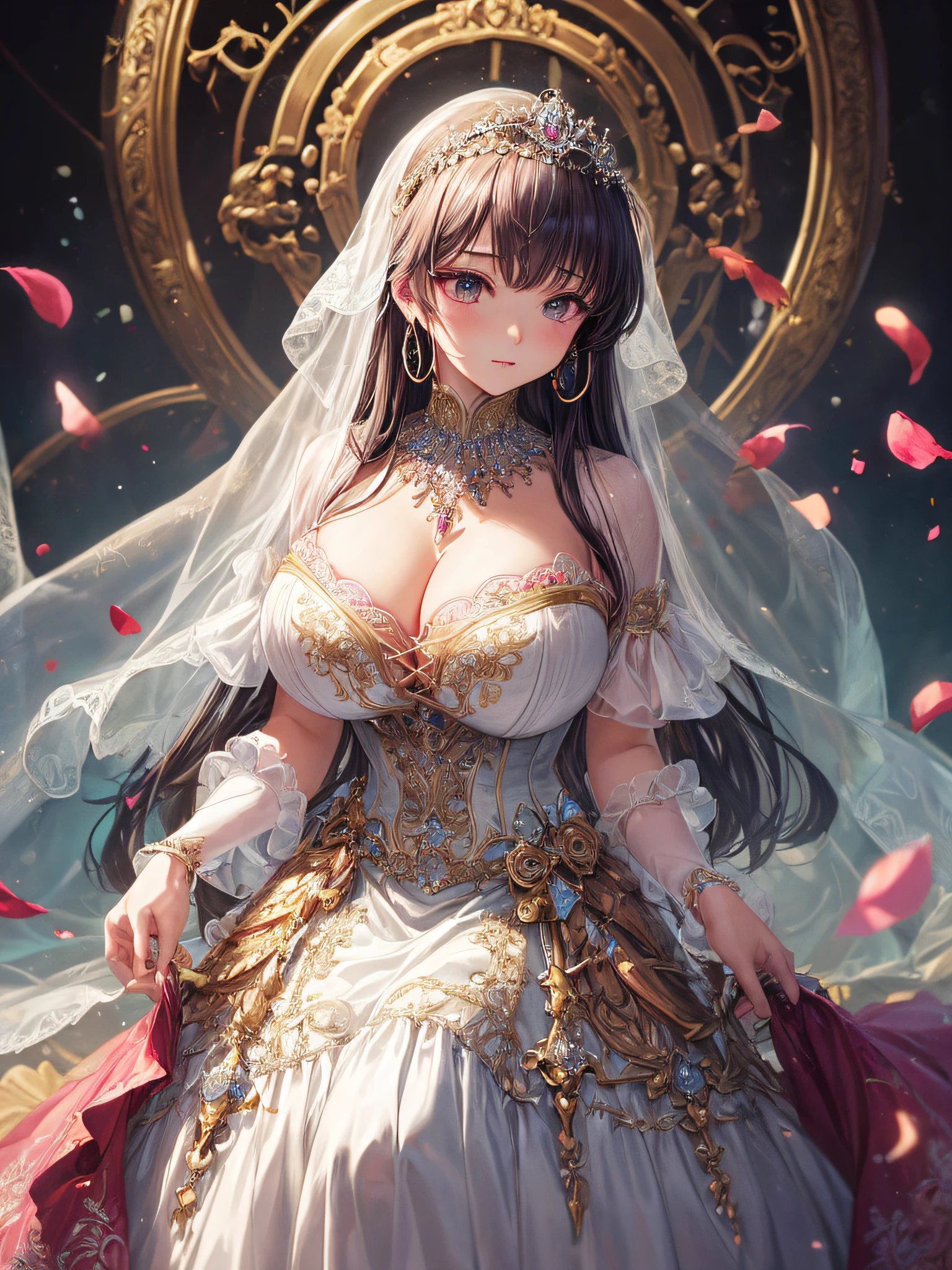 (masterpiece, best quality,extremely detailed,moe anime art style:1.1),1girl, (solo), cute, kawaii,digital art,((1 bling-bling anime princess wearing beautiful embroidery and jeweled gorgeous princess ballgown with voluminous full length hoop skirt)),((crinoline)),long train,voluminous frills,(gorgeous embroidery and beautiful lace),(very gigantic boobs,cleavage,skindentation),((shiny hair,absurdly straight long hair)),((finely detailed face and eyes)),clear pupil,extremely gorgeousfull hair ornament,(bling-bling jeweled extremely gorgeousfull tiara),((bling-bling gorgeous gemstone jewelry)),long veil,((beautiful background,fantasy)),flowers,flower petals flowing,full body,(looking away),((beautiful embroidery and jeweled gorgeous princess ballgown with voluminous full length hoop skirt))