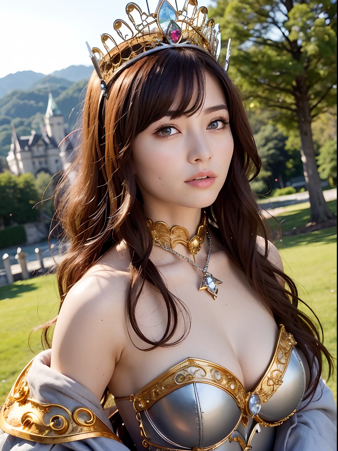 Professional , ​masterpiece、top-quality、photos realistic , 、top-quality、超A high resolution、(Photorealsitic:1.4)、Raw photo、depth of fields （Gemstone Gold Metal Body:1.9),(Matte White、Toostock、(((heavy breasts)))、（cleavage of the breast）、（Detailed Dragon Armor）、（Have the strongest weapon）、（(Random Hairstyles 1.6),Dark Fantasy,）explosions、（Precipitous cliffs),Dragon Gold Weapon,Mystical expression、Particles of light、Fight dragons、（Detailed Dragon Helmet) ,（（ Dragon's dense and gorgeous sword）） , Beautiful knife    ,Detail and gorgeous crown、（（Blue hair））、（Castle background）、、（（Gangle's forest background））、Beautiful Caucasian beauty、１a person、dynamic ungle,(((Detailed pink micro bikini)))、Smaller head、A smile、Castle background、Thin and beautiful female hands、cleavage of the breast、Soldier in iron armor on background、Mystical expression、Light Effects、intense fighting、Wind-effect、magic circles、With the legendary magic wand、（demonic wings）、Toostock、