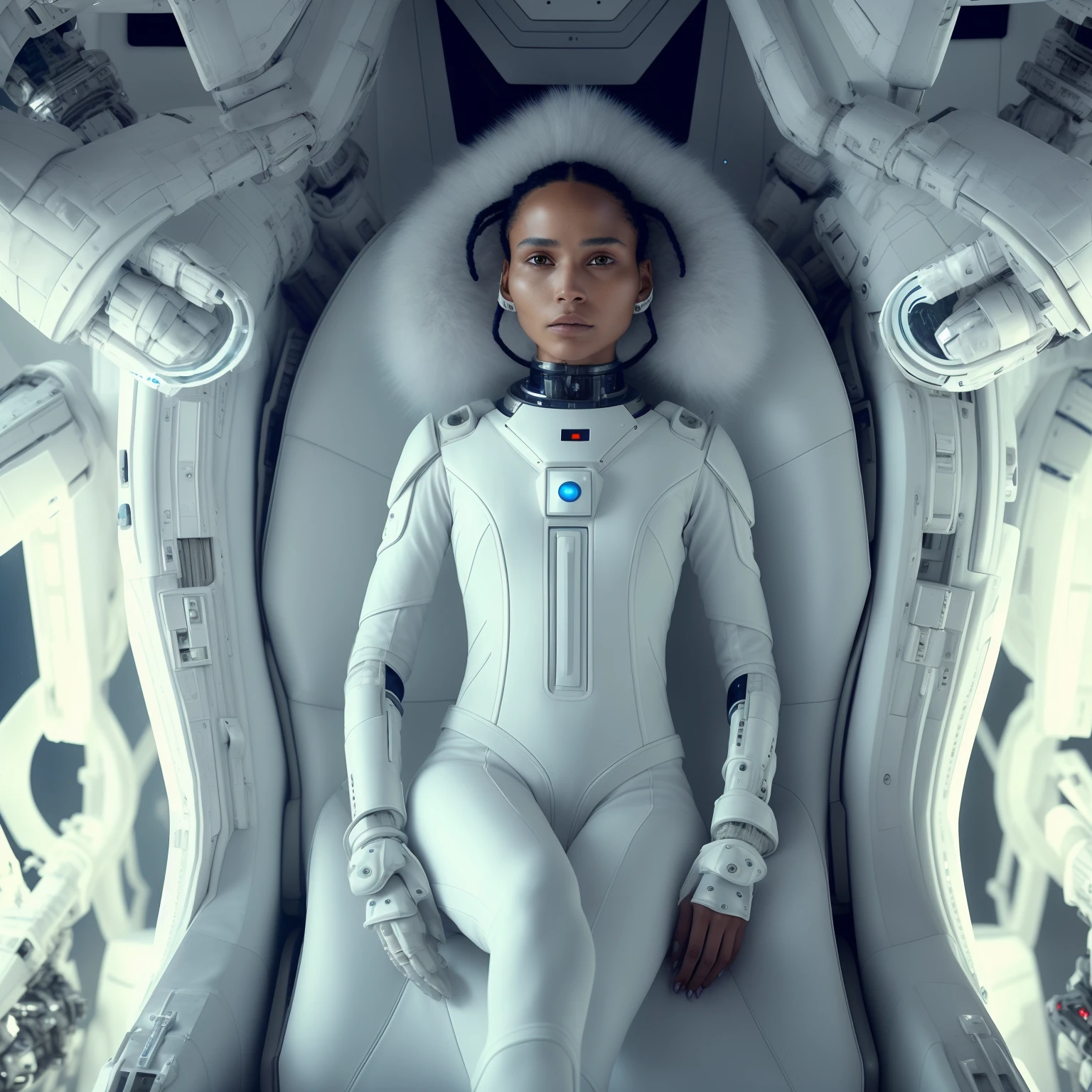 arafed woman in white suit sitting on a throne with a white fur, white cyborg fashion shot, fashionable futuristic woman, zoe kravitz futuristic astronaut, futuristic and ethereal, futuristic sci-fi fashion, powerful woman sitting in space, in white futuristic armor, beautiful woman in spacesuit, wearing futuristic, cyborg fashion shot, futuristic fashion, futuristic style, biopunk futuristic wardrobe