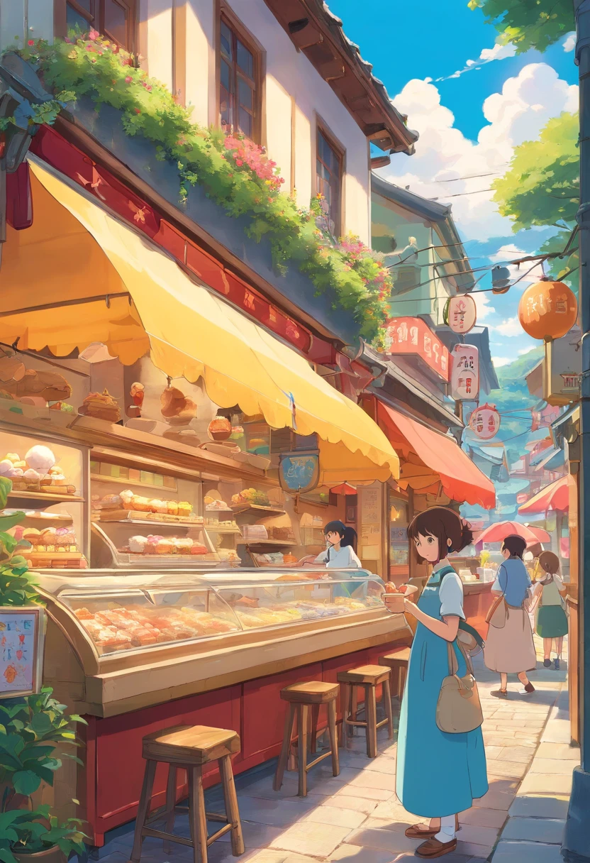 there is a small ice cream shop with a lot of signs, food stall, bao phan, seen from outside, 🤬 🤮 💕 🎀, food stalls, nostalgic atmosphere, with street food stalls, 8k)), jia, hut, cafe for felted animals, abcdefghijklmnopqrstuvwxyz, restaurant in background