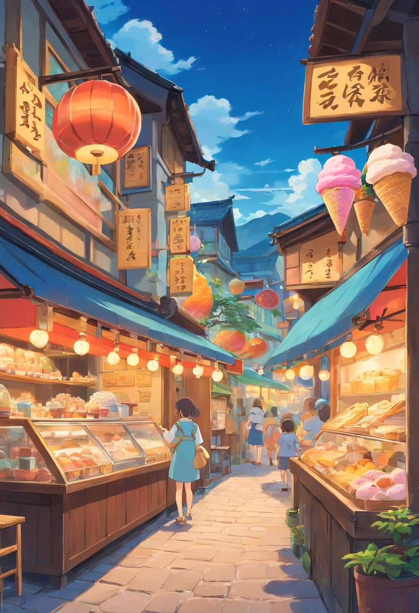 there is a small ice cream shop with a lot of signs, food stall, bao phan, seen from outside, 🤬 🤮 💕 🎀, food stalls, nostalgic atmosphere, with street food stalls, 8k)), jia, hut, cafe for felted animals, abcdefghijklmnopqrstuvwxyz, restaurant in background