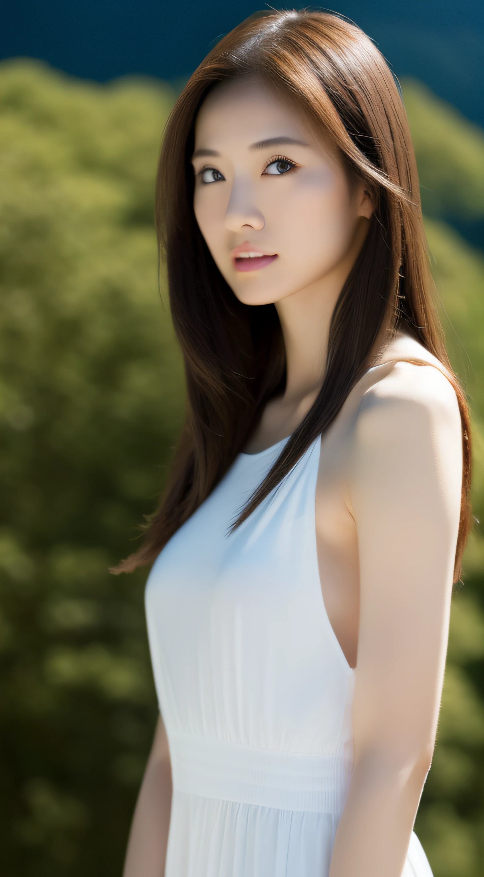 top-quality、8k picture、Japan beautiful girl, Full body, Attractive body, Slim beauty body,Angle painting fountain pose、attractive beautiful face, , Beautiful flowing body lines and skin, Realistic eyes, doe eyes, Stand at the top of a mountain, Arms outstretched, Fulll body Shot, Ultra HD, nffsw, Dramatic Lighting,  intricate detailes, masutepiece, 8K