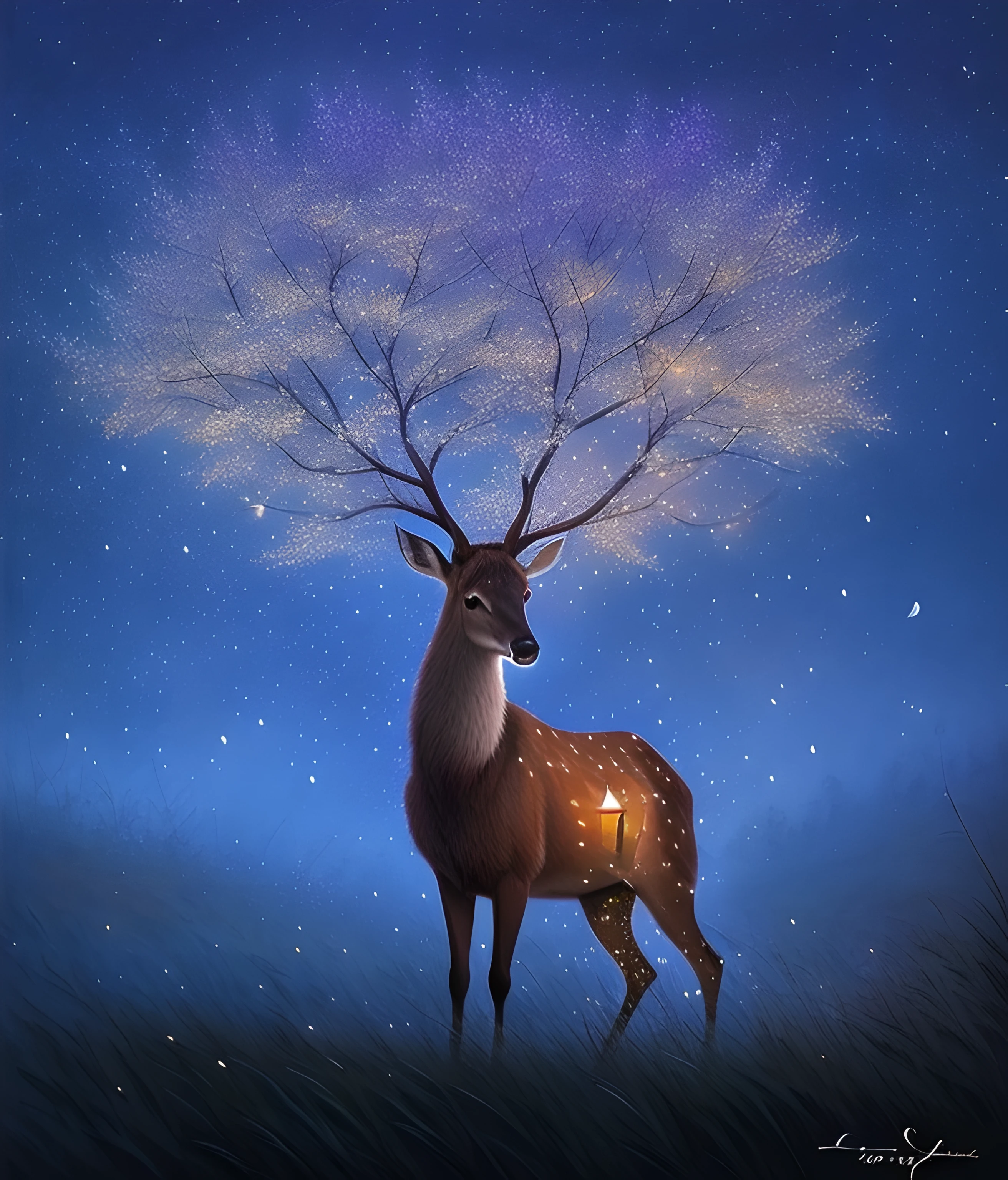 painting of a deer with a lantern in its mouth standing in a field, beautiful art, beautiful painting of a tall, beautiful depiction, by Yang J, gorgeous art, beautiful fantasy painting, a beautiful artwork illustration, magical realism painting, dreamy art, amazing art, enchanted with nature spirit, very beautiful photo, beautiful artwork, very very beautiful art, fairytale painting